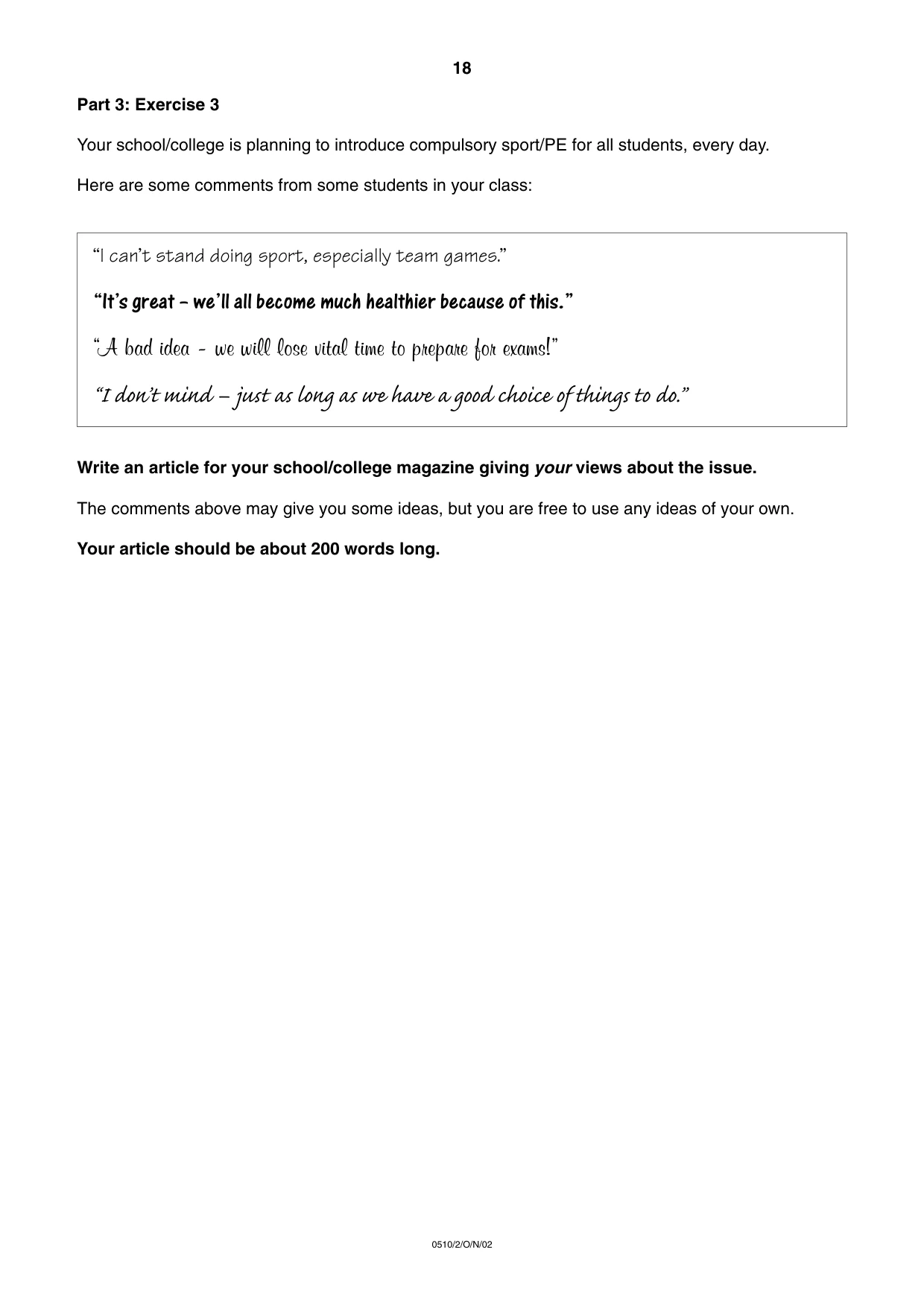 Cambridge IGCSE English - Second Language (oral endorsement) 0510 2002 Oct/Nov Paper 2 · Variant 1 question paper, page 18 of 20