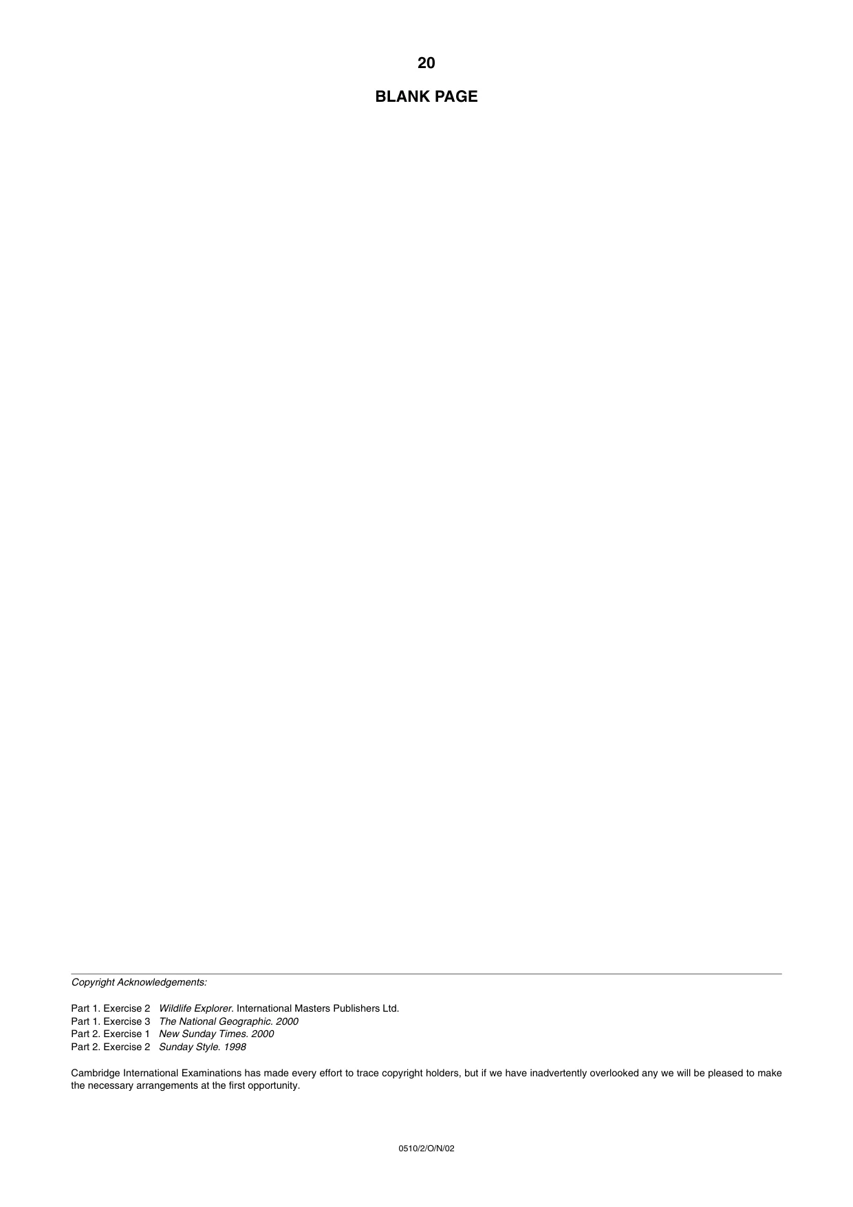 Cambridge IGCSE English - Second Language (oral endorsement) 0510 2002 Oct/Nov Paper 2 · Variant 1 question paper, page 20 of 20