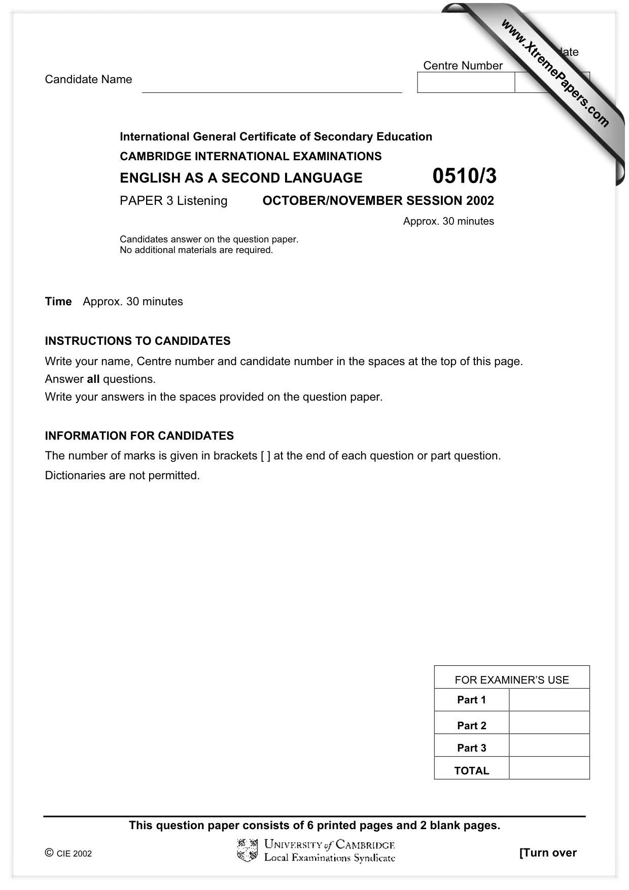 Cambridge IGCSE English - Second Language (oral endorsement) 0510 2002 Oct/Nov Paper 3 · Variant 1 question paper, page 1 of 8