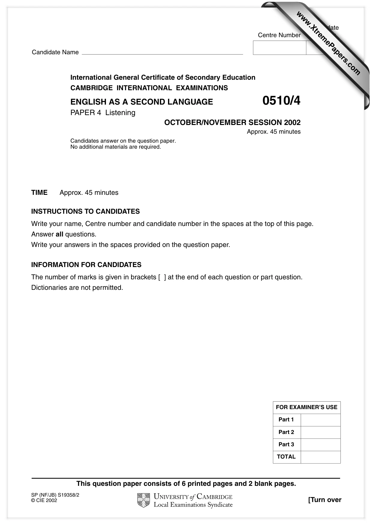 Cambridge IGCSE English - Second Language (oral endorsement) 0510 2002 Oct/Nov Paper 4 · Variant 1 question paper, page 1 of 8