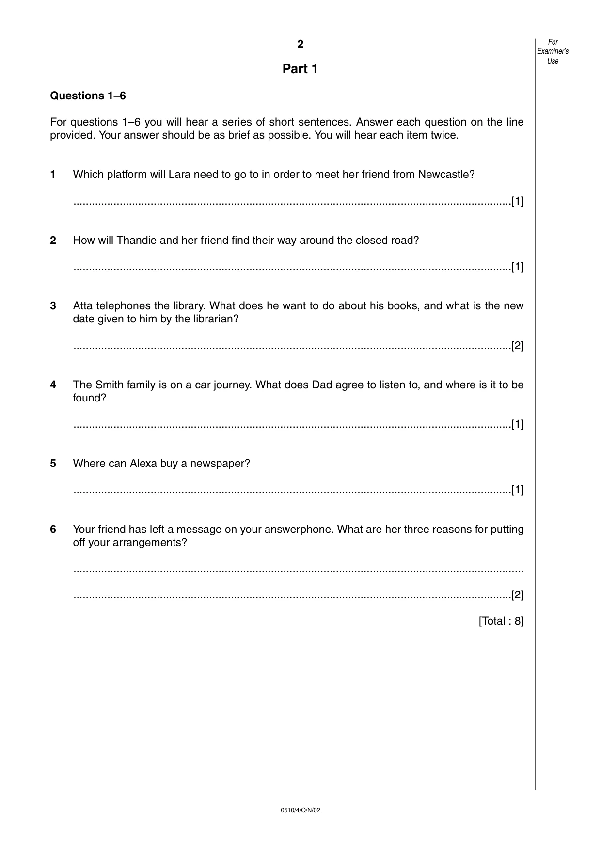 Cambridge IGCSE English - Second Language (oral endorsement) 0510 2002 Oct/Nov Paper 4 · Variant 1 question paper, page 2 of 8