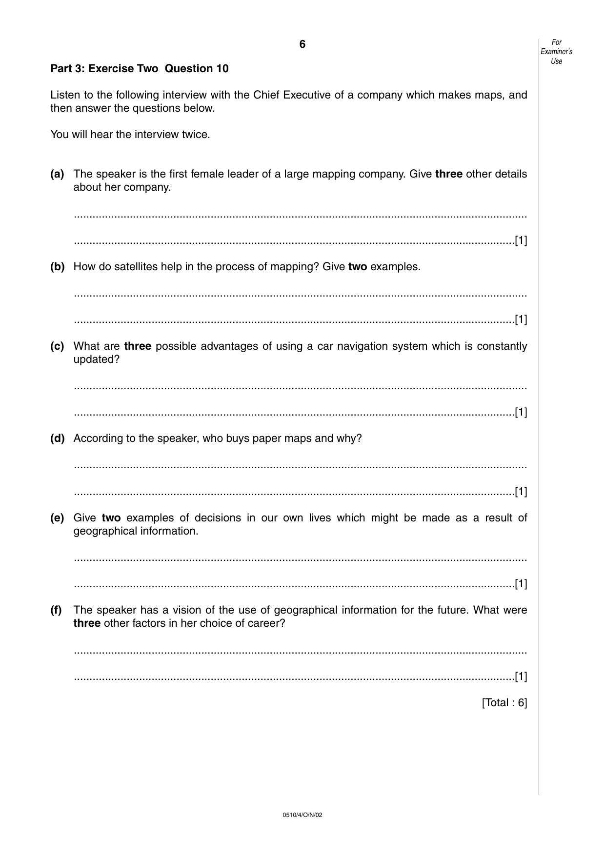 Cambridge IGCSE English - Second Language (oral endorsement) 0510 2002 Oct/Nov Paper 4 · Variant 1 question paper, page 6 of 8