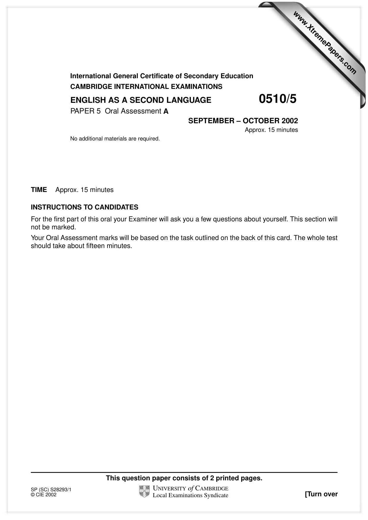 Cambridge IGCSE English - Second Language (oral endorsement) 0510 2002 Oct/Nov Paper 5 · Variant 1 question paper, page 1 of 12