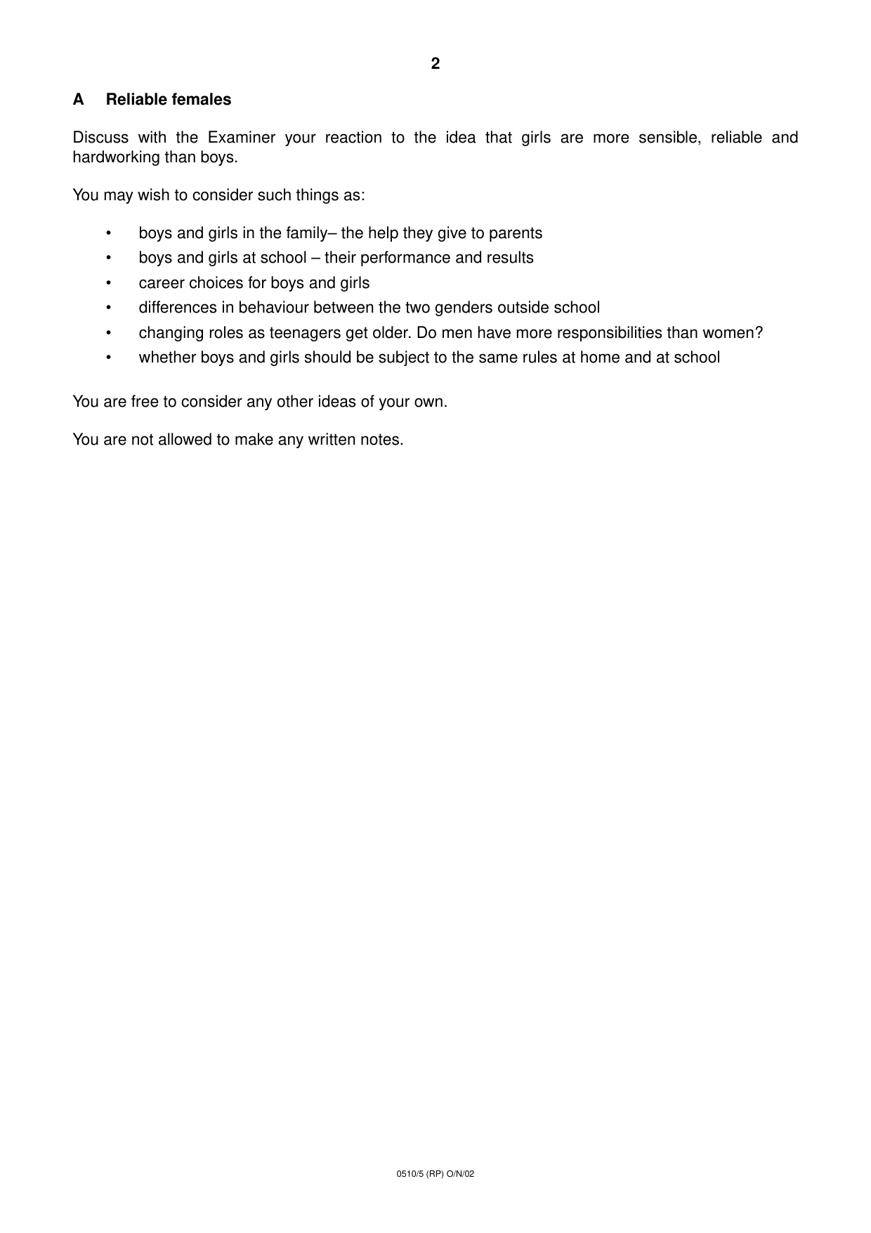 Cambridge IGCSE English - Second Language (oral endorsement) 0510 2002 Oct/Nov Paper 5 · Variant 1 question paper, page 2 of 12