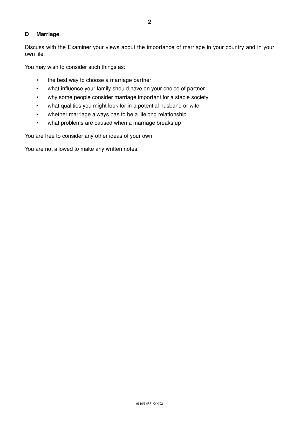 Cambridge IGCSE English - Second Language (oral endorsement) 0510 2002 Oct/Nov Paper 5 · Variant 1 question paper, page 8 of 12