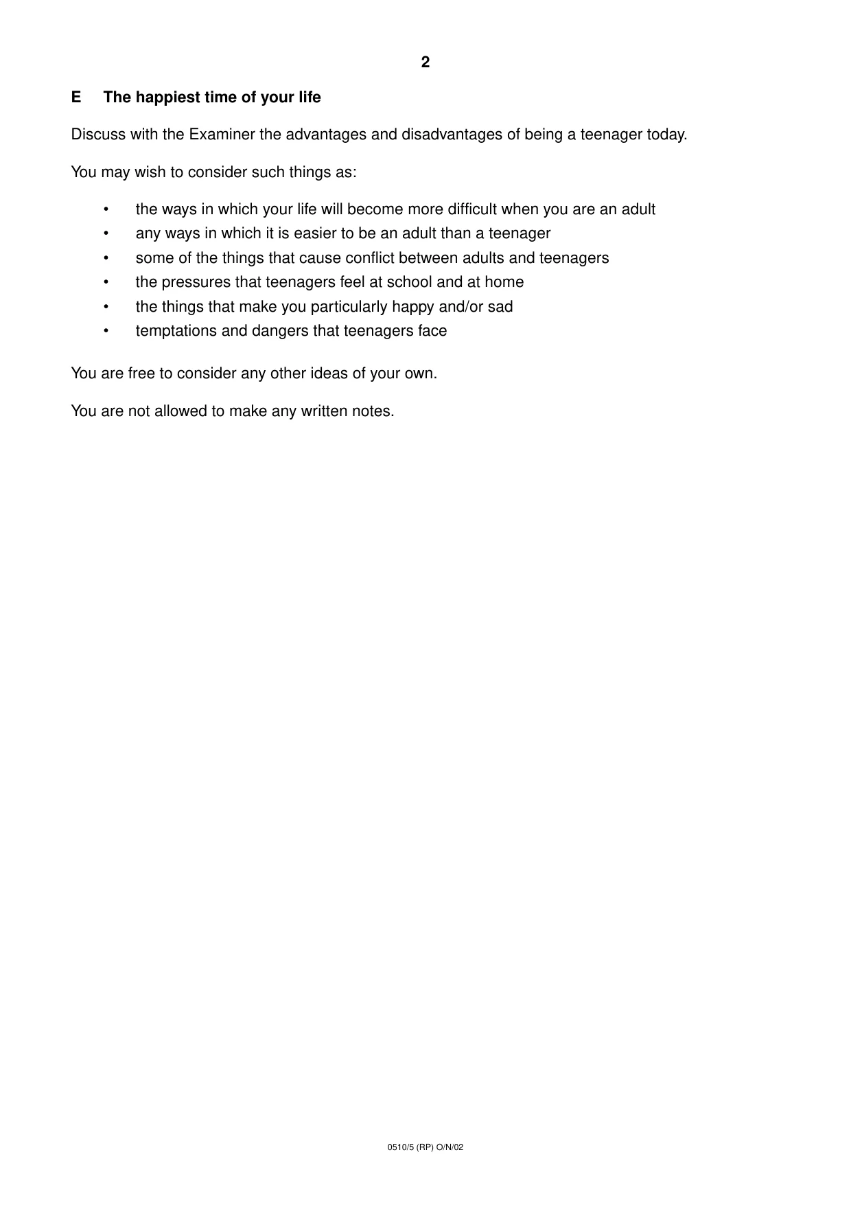 Cambridge IGCSE English - Second Language (oral endorsement) 0510 2002 Oct/Nov Paper 5 · Variant 1 question paper, page 10 of 12