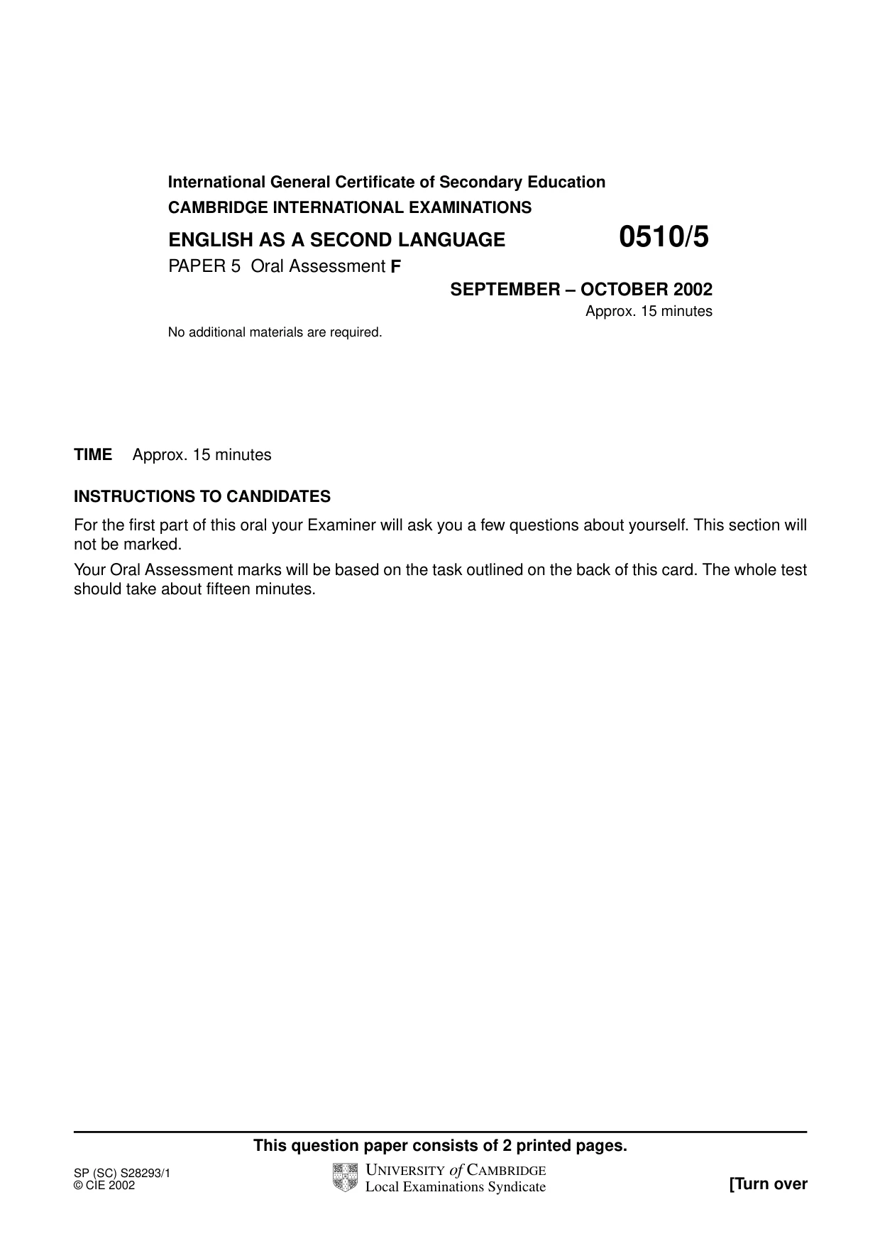 Cambridge IGCSE English - Second Language (oral endorsement) 0510 2002 Oct/Nov Paper 5 · Variant 1 question paper, page 11 of 12