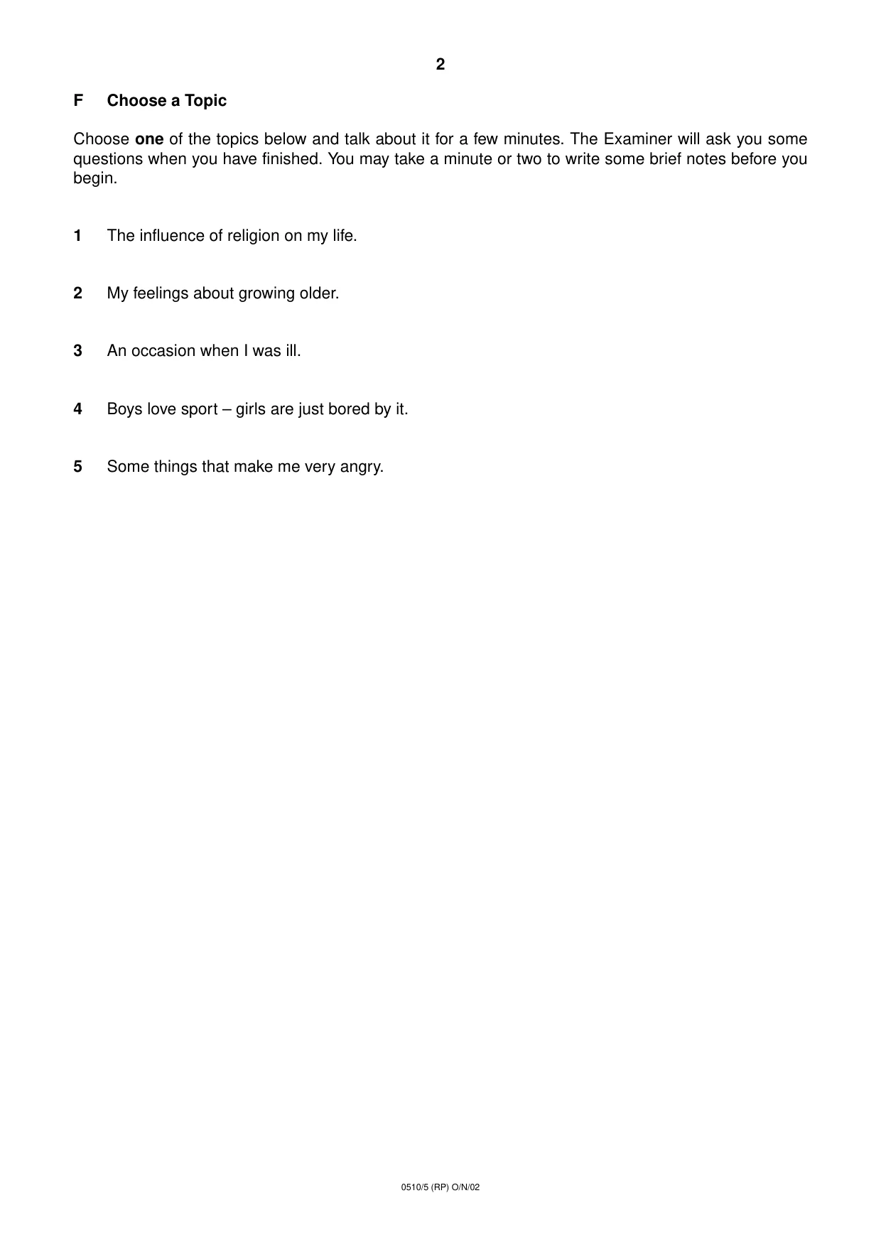 Cambridge IGCSE English - Second Language (oral endorsement) 0510 2002 Oct/Nov Paper 5 · Variant 1 question paper, page 12 of 12