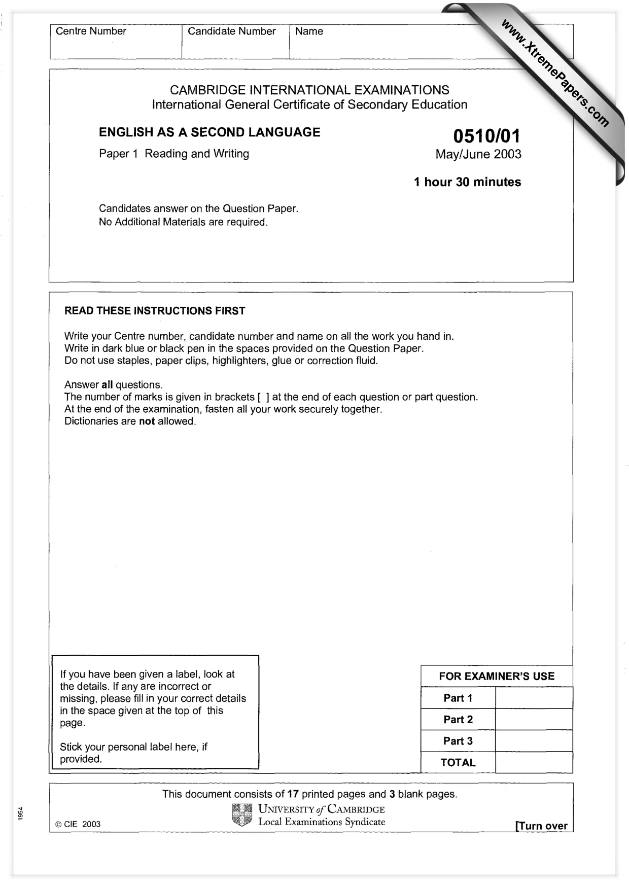 Cambridge IGCSE English - Second Language (oral endorsement) 0510 2003 May/June Paper 1 · Variant 1 question paper, page 1 of 20