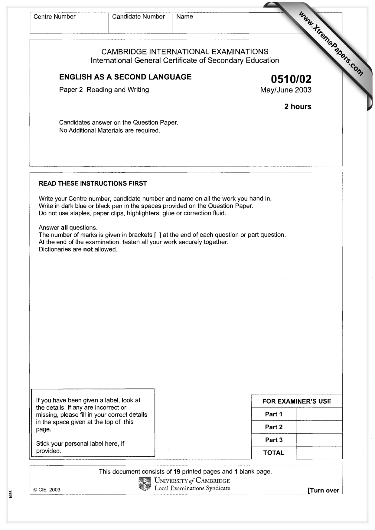 Cambridge IGCSE English - Second Language (oral endorsement) 0510 2003 May/June Paper 2 · Variant 1 question paper, page 1 of 20