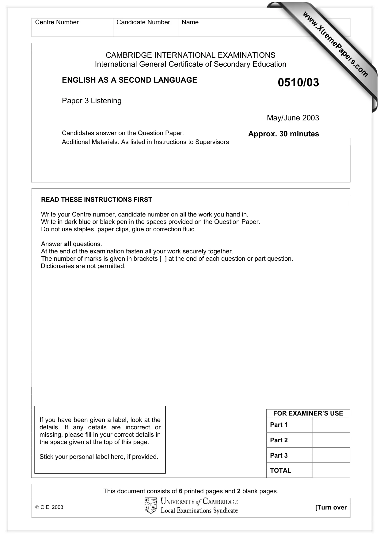 Cambridge IGCSE English - Second Language (oral endorsement) 0510 2003 May/June Paper 3 · Variant 1 question paper, page 1 of 8
