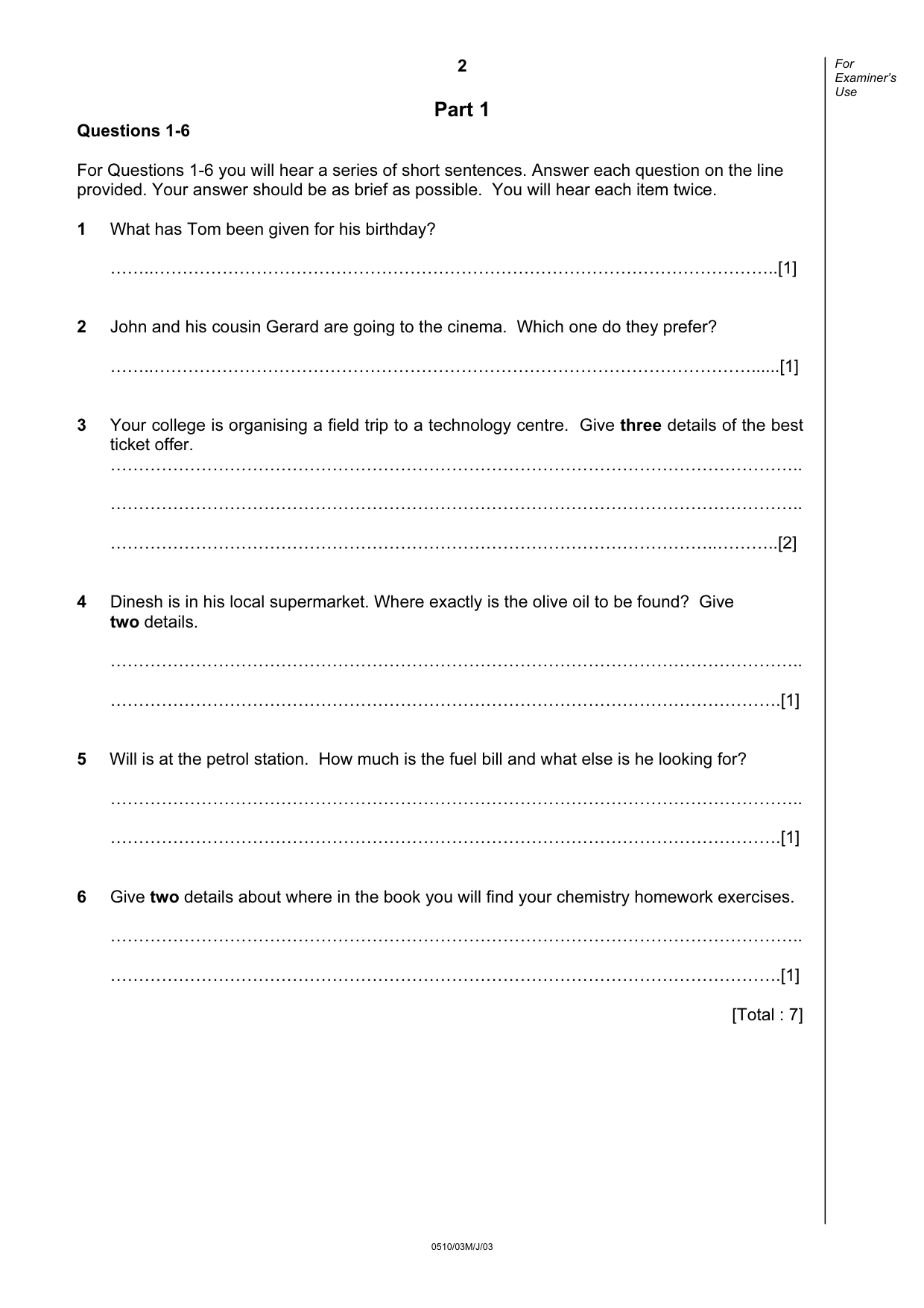 Cambridge IGCSE English - Second Language (oral endorsement) 0510 2003 May/June Paper 3 · Variant 1 question paper, page 2 of 8