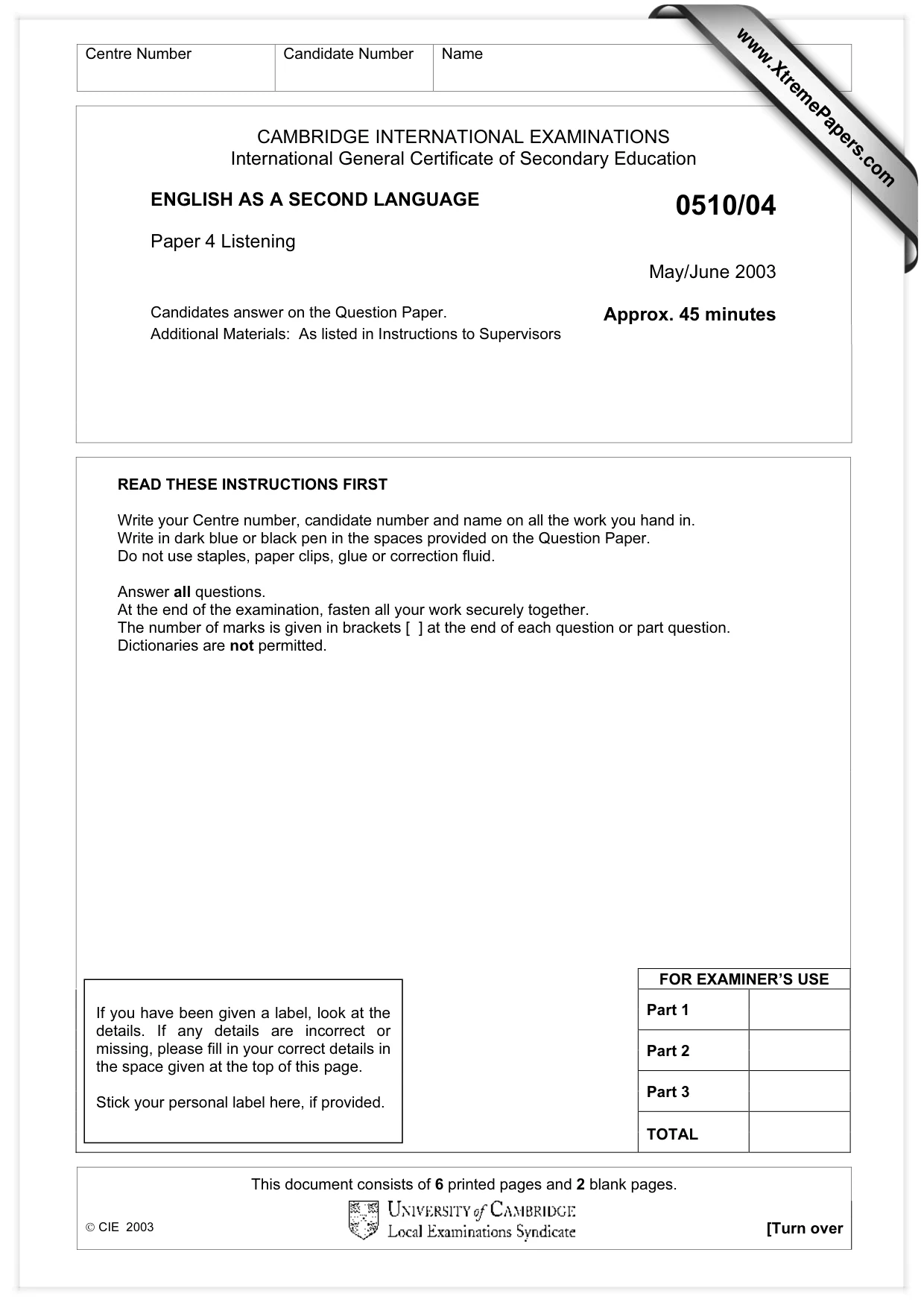 Cambridge IGCSE English - Second Language (oral endorsement) 0510 2003 May/June Paper 4 · Variant 1 question paper, page 1 of 8