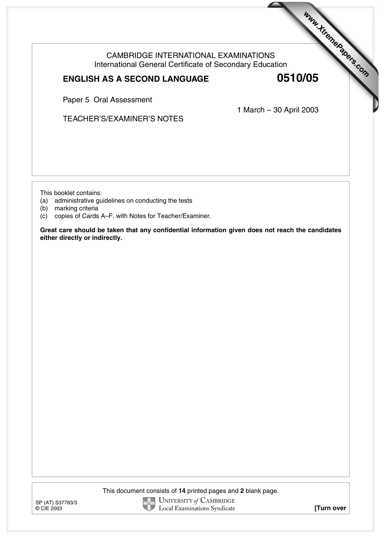 Cambridge IGCSE English - Second Language (oral endorsement) 0510 2003 May/June Paper 5 · Variant 1 question paper, page 1 of 16
