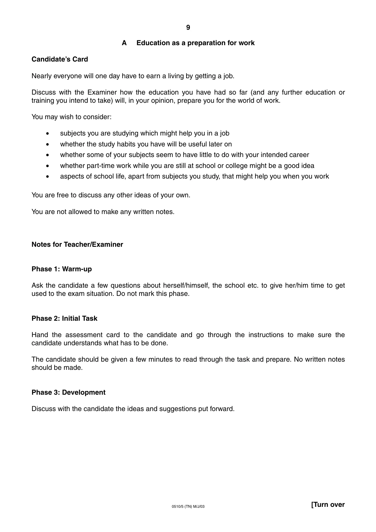 Cambridge IGCSE English - Second Language (oral endorsement) 0510 2003 May/June Paper 5 · Variant 1 question paper, page 9 of 16