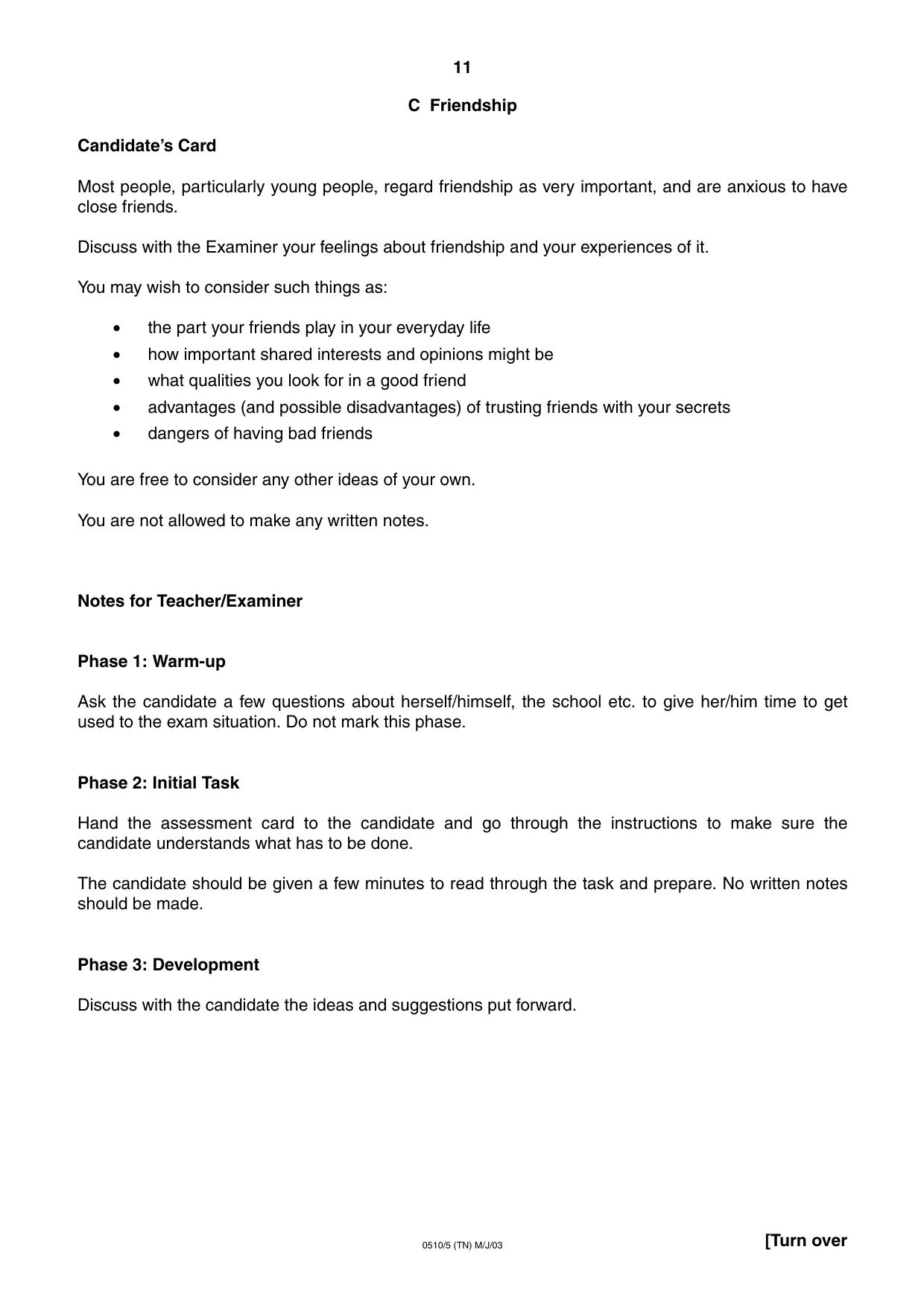 Cambridge IGCSE English - Second Language (oral endorsement) 0510 2003 May/June Paper 5 · Variant 1 question paper, page 11 of 16