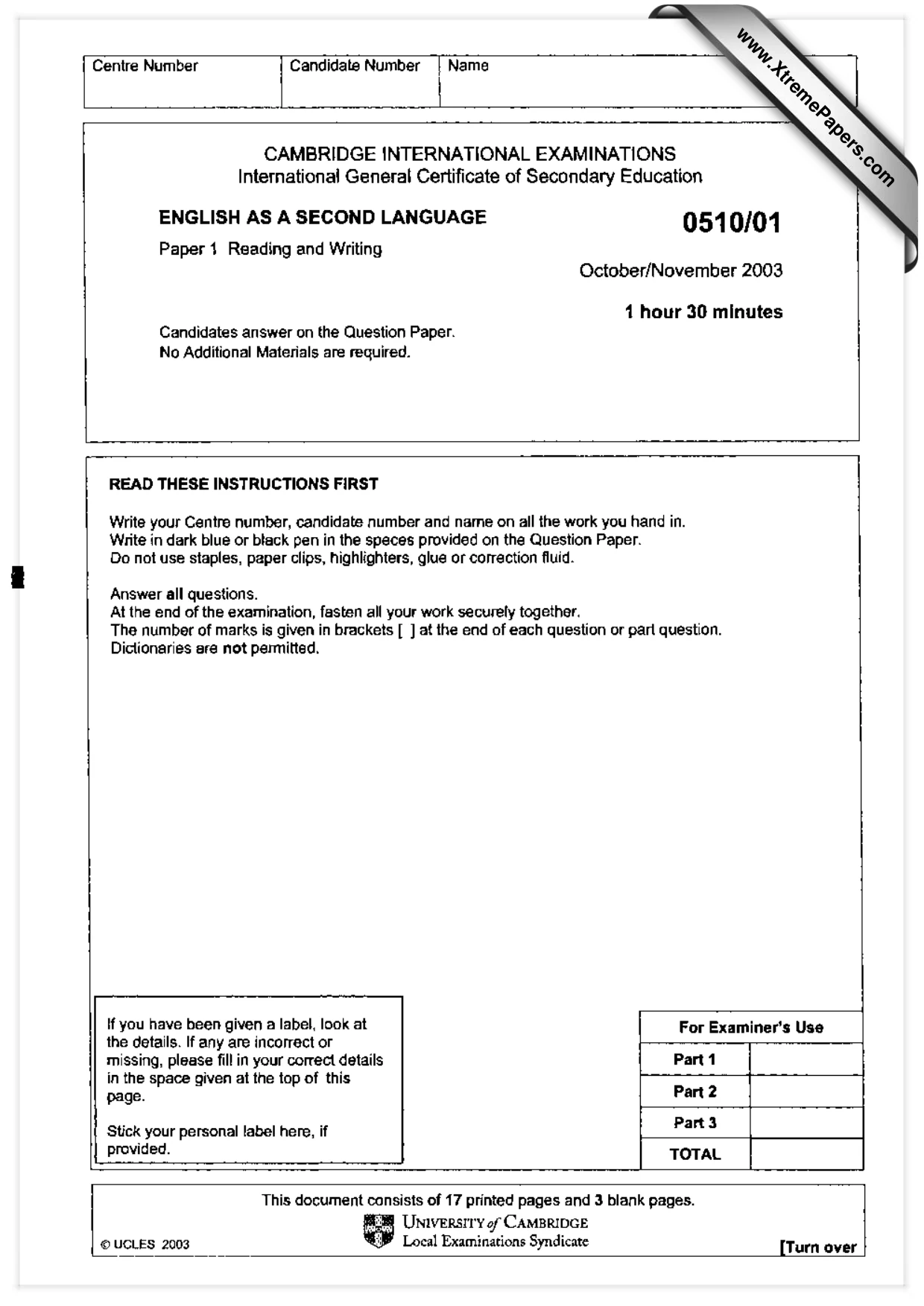 Cambridge IGCSE English - Second Language (oral endorsement) 0510 2003 Oct/Nov Paper 1 · Variant 1 question paper, page 1 of 20