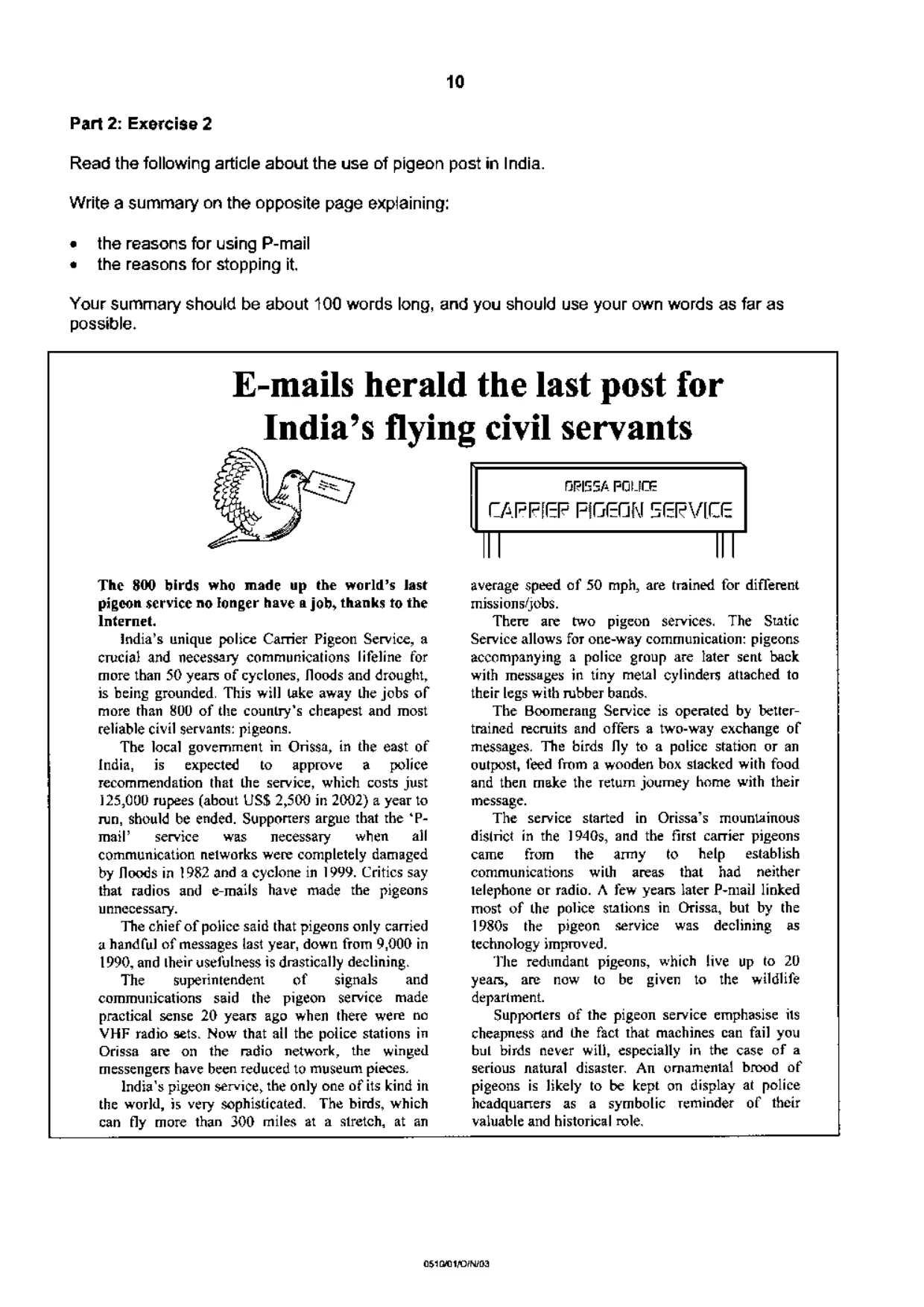 Cambridge IGCSE English - Second Language (oral endorsement) 0510 2003 Oct/Nov Paper 1 · Variant 1 question paper, page 10 of 20