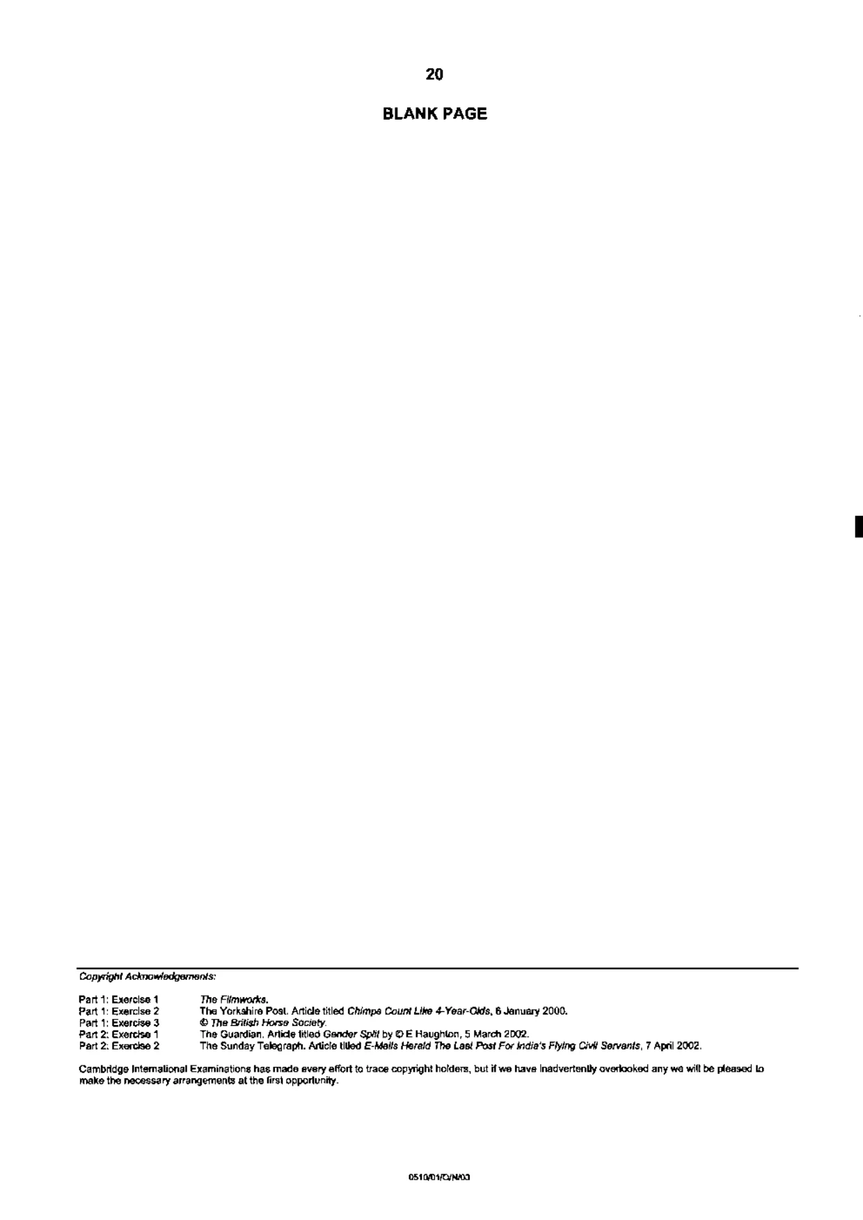 Cambridge IGCSE English - Second Language (oral endorsement) 0510 2003 Oct/Nov Paper 1 · Variant 1 question paper, page 20 of 20