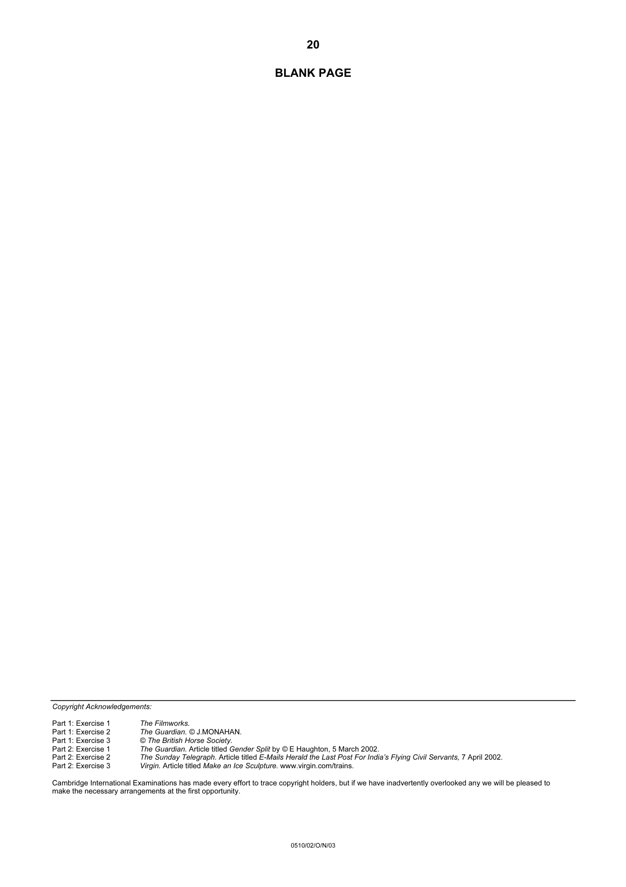 Cambridge IGCSE English - Second Language (oral endorsement) 0510 2003 Oct/Nov Paper 2 · Variant 1 question paper, page 20 of 20
