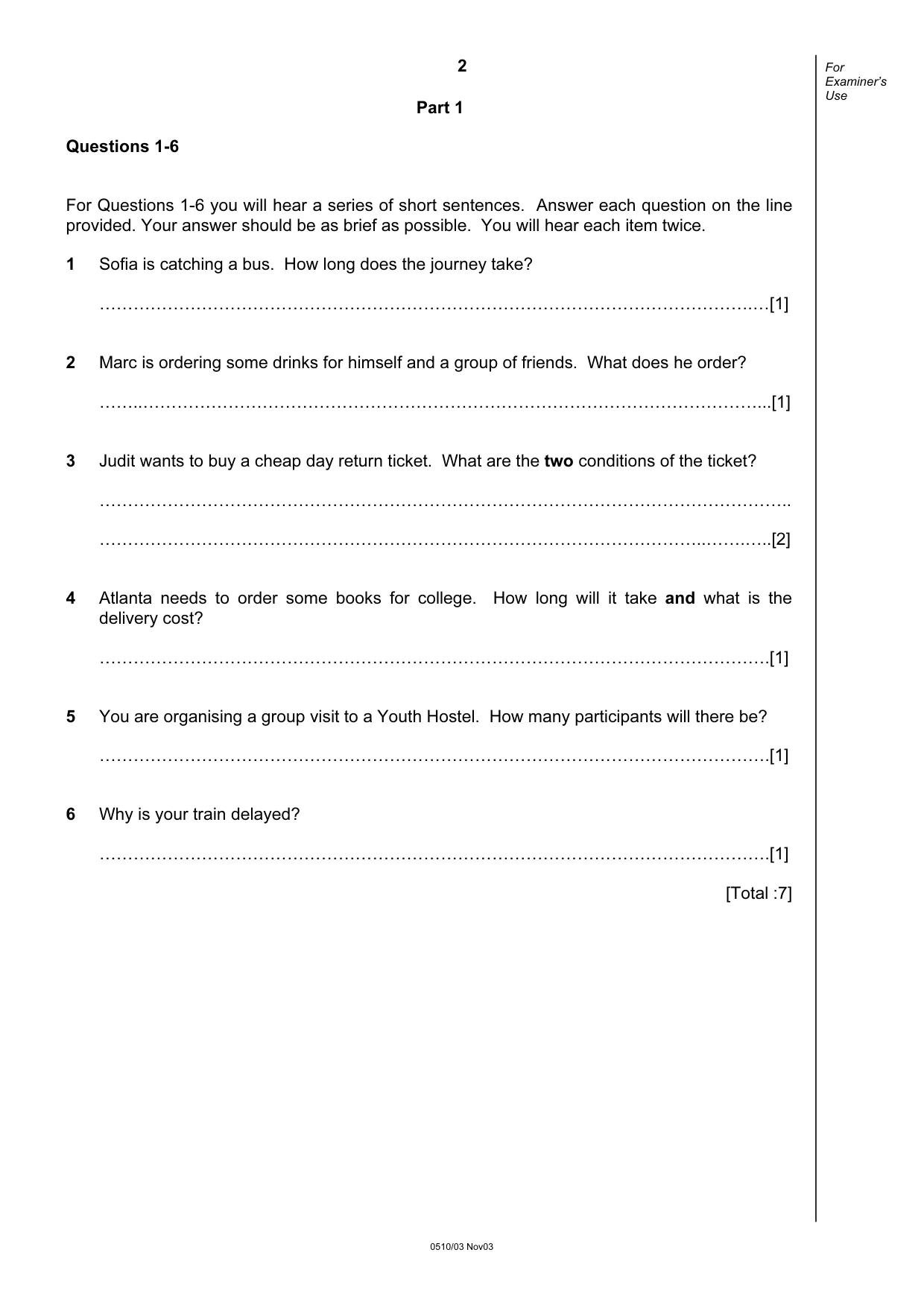 Cambridge IGCSE English - Second Language (oral endorsement) 0510 2003 Oct/Nov Paper 3 · Variant 1 question paper, page 2 of 8
