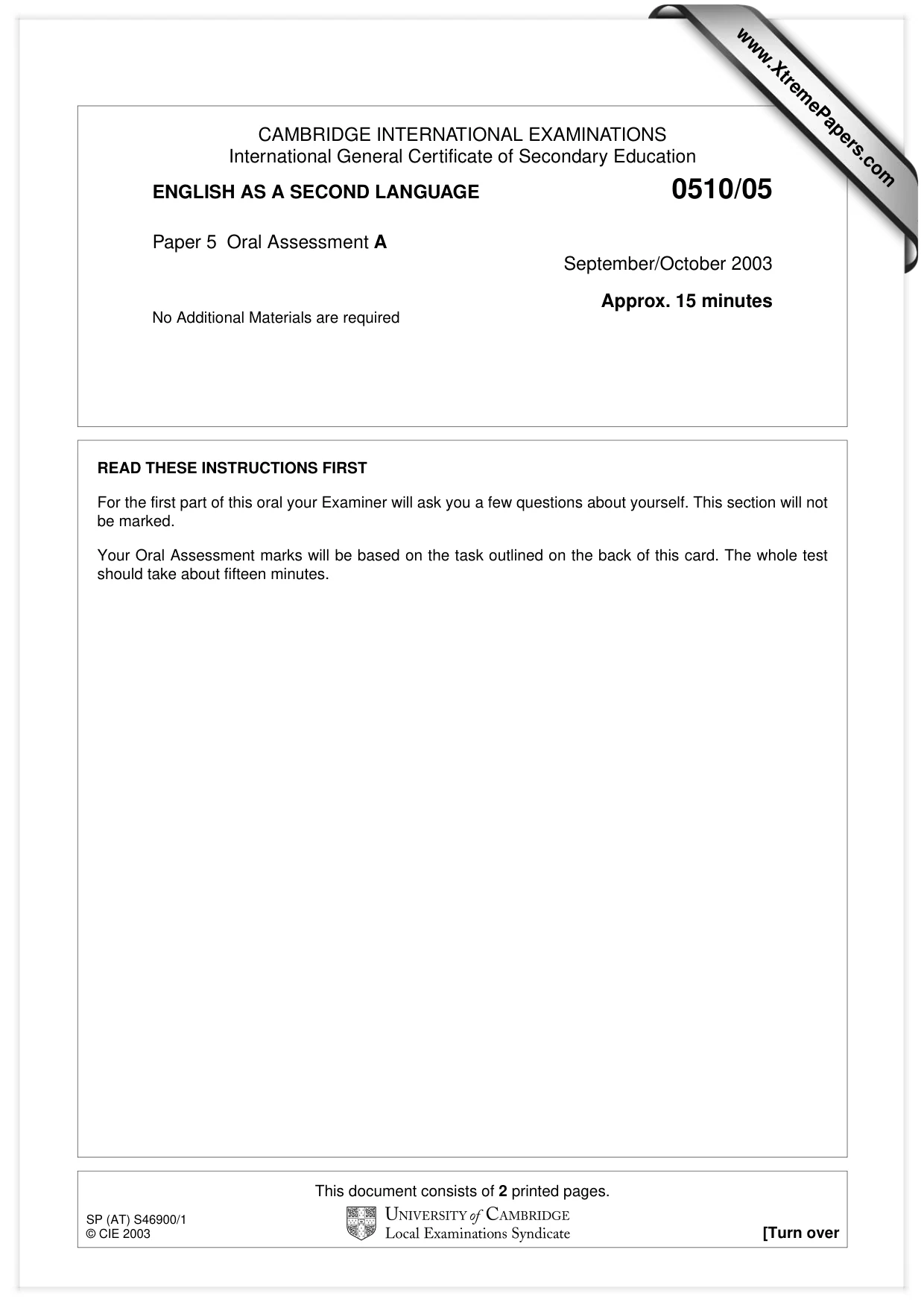 Cambridge IGCSE English - Second Language (oral endorsement) 0510 2003 Oct/Nov Paper 5 · Variant 1 question paper, page 1 of 12