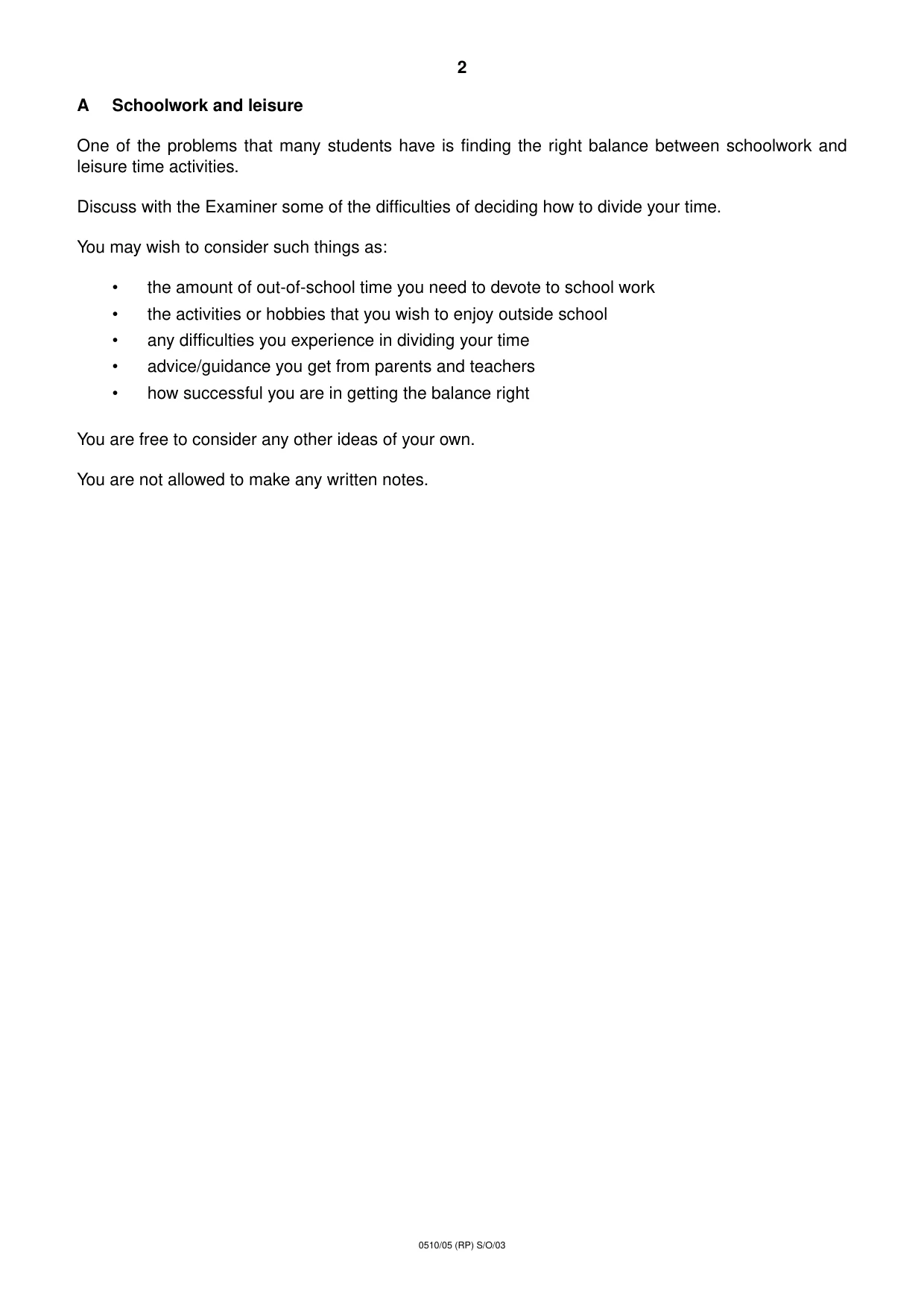 Cambridge IGCSE English - Second Language (oral endorsement) 0510 2003 Oct/Nov Paper 5 · Variant 1 question paper, page 2 of 12