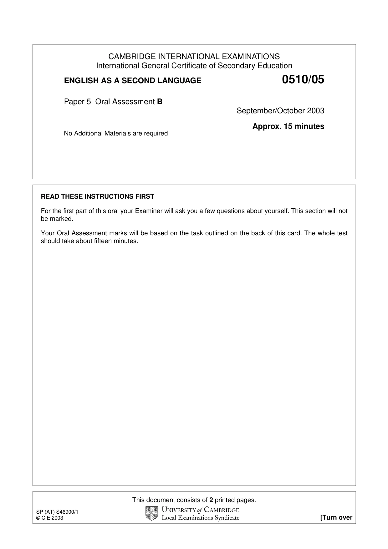 Cambridge IGCSE English - Second Language (oral endorsement) 0510 2003 Oct/Nov Paper 5 · Variant 1 question paper, page 3 of 12