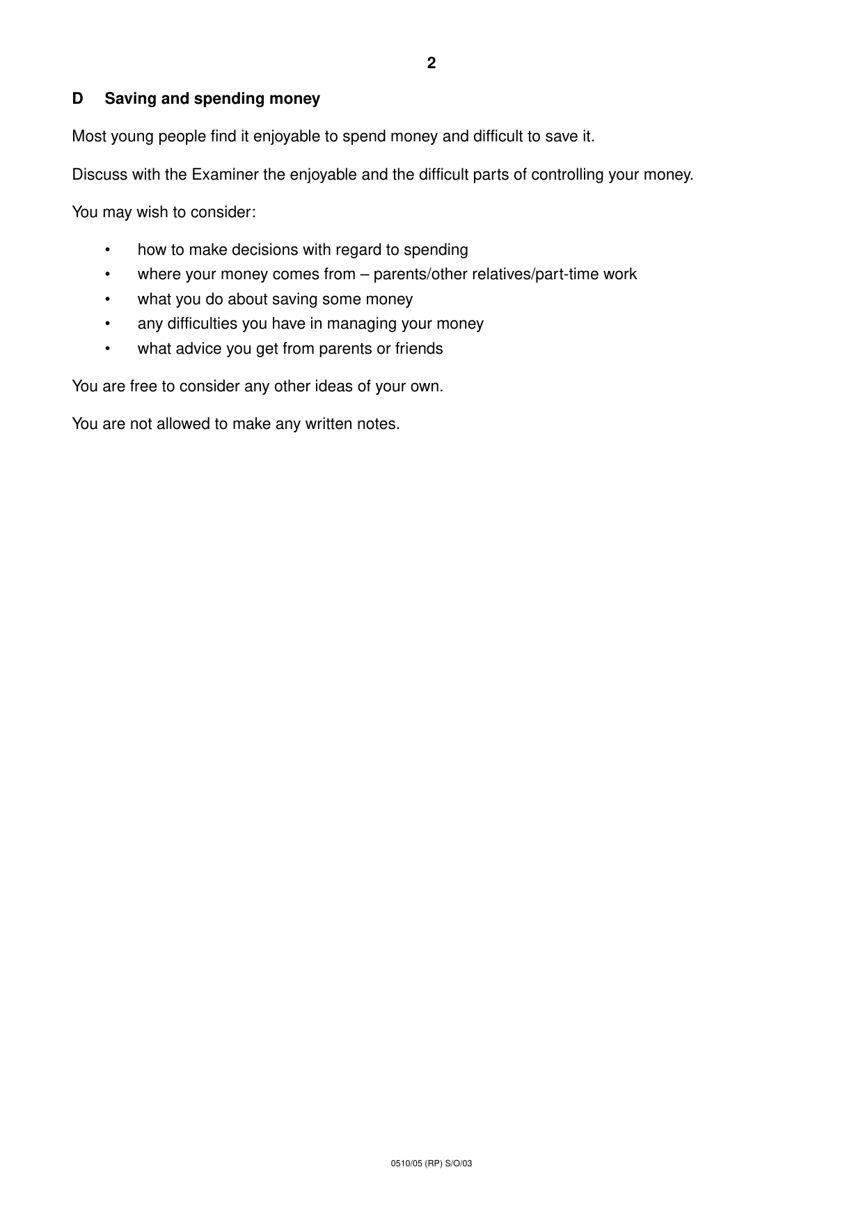 Cambridge IGCSE English - Second Language (oral endorsement) 0510 2003 Oct/Nov Paper 5 · Variant 1 question paper, page 8 of 12
