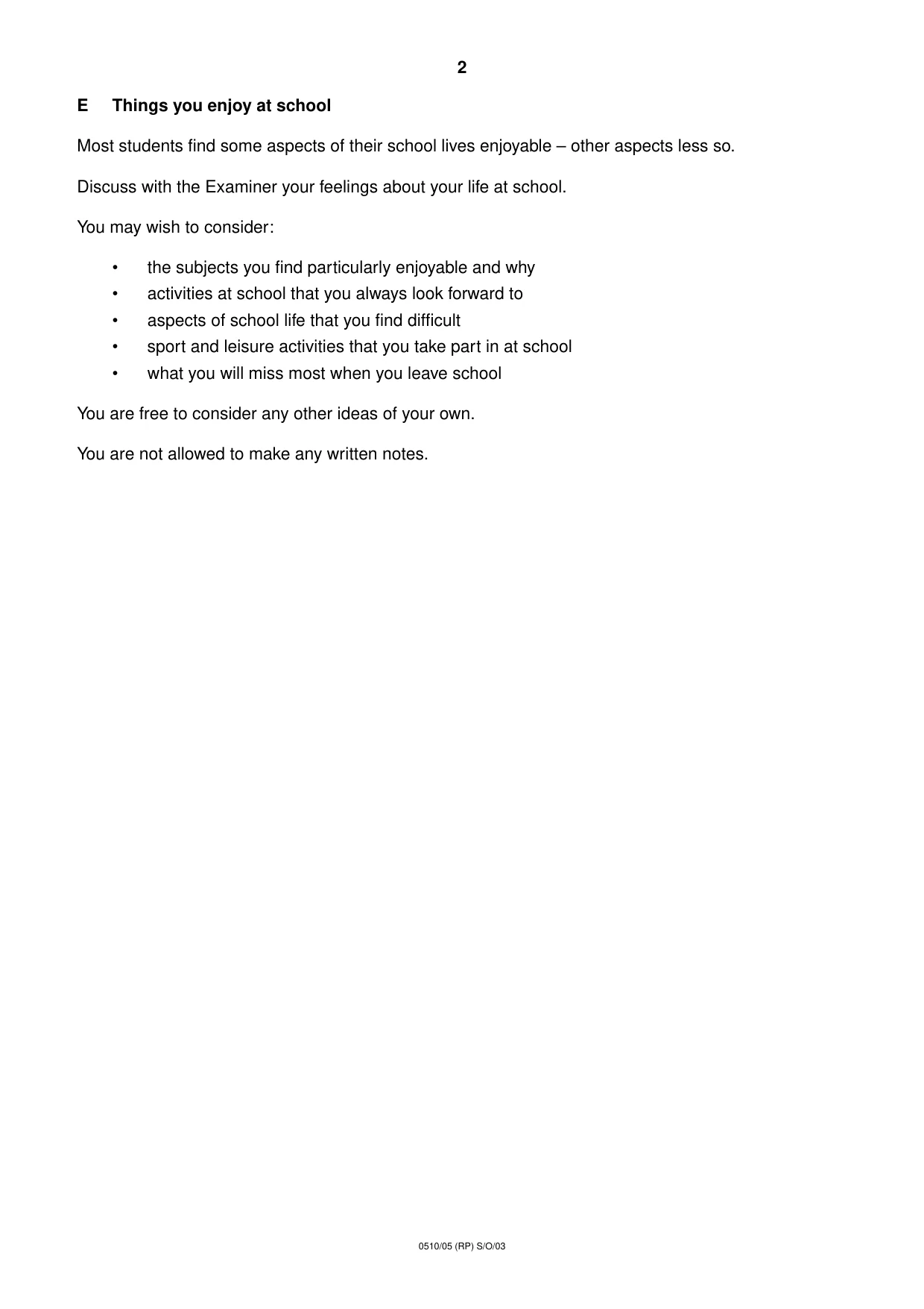 Cambridge IGCSE English - Second Language (oral endorsement) 0510 2003 Oct/Nov Paper 5 · Variant 1 question paper, page 10 of 12