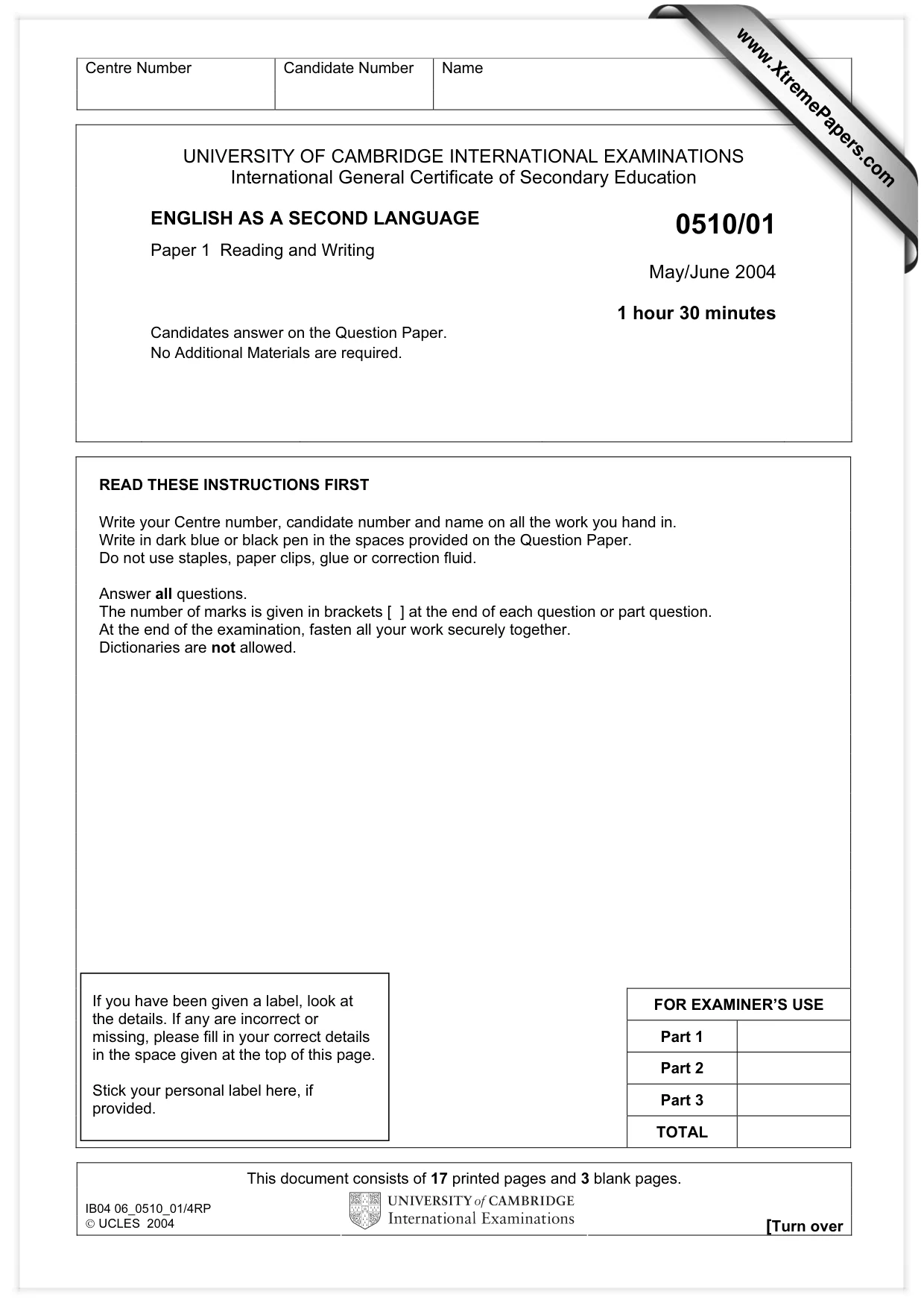 Cambridge IGCSE English - Second Language (oral endorsement) 0510 2004 May/June Paper 1 · Variant 1 question paper, page 1 of 20