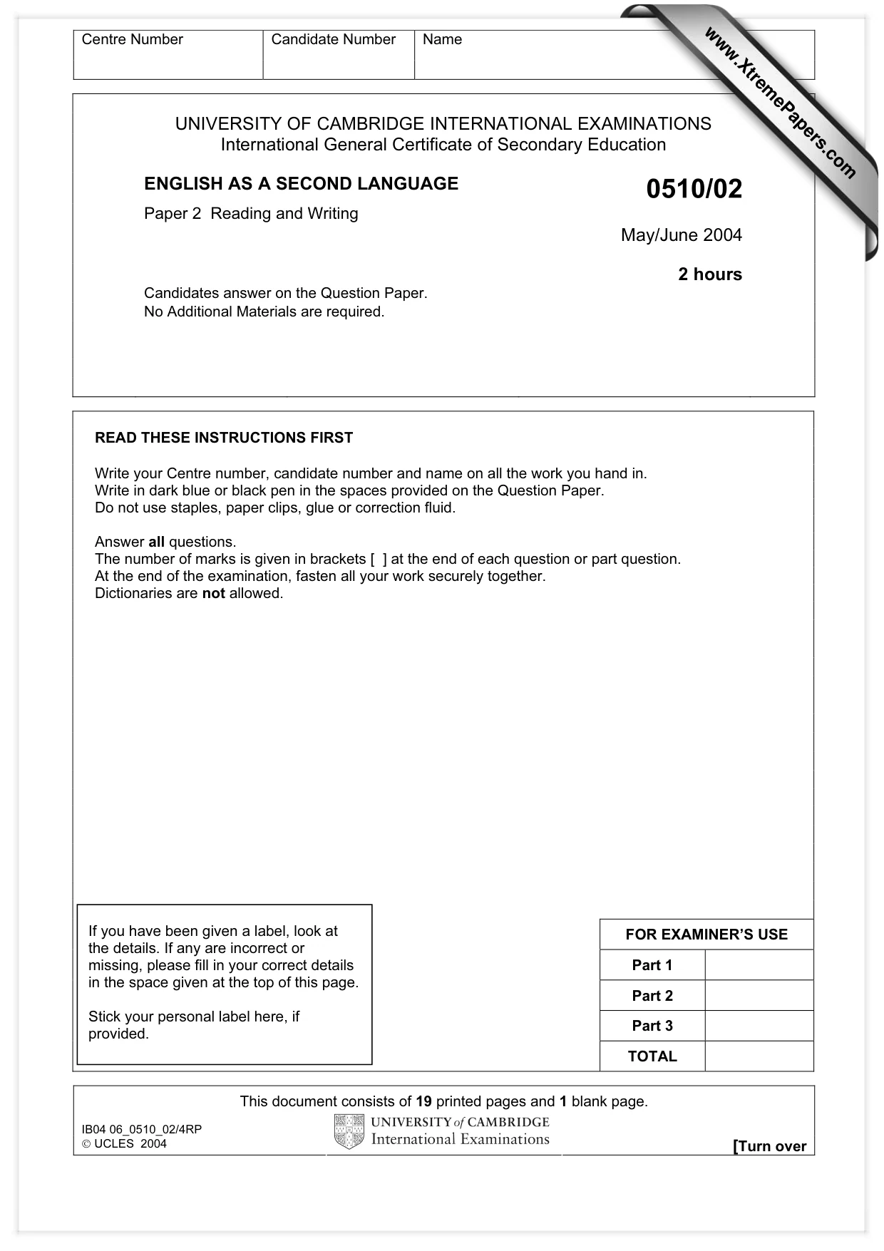 Cambridge IGCSE English - Second Language (oral endorsement) 0510 2004 May/June Paper 2 · Variant 1 question paper, page 1 of 20