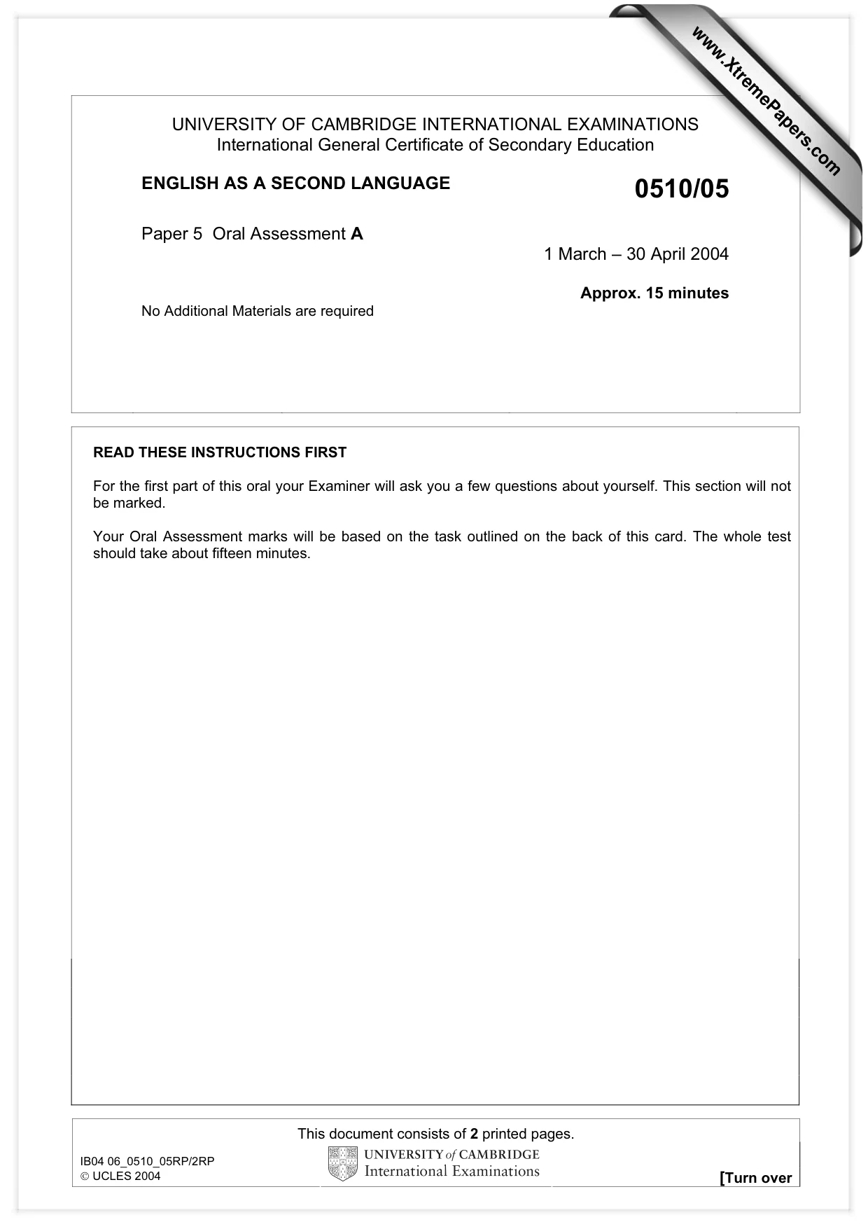 Cambridge IGCSE English - Second Language (oral endorsement) 0510 2004 May/June Paper 5 · Variant 1 question paper, page 1 of 10