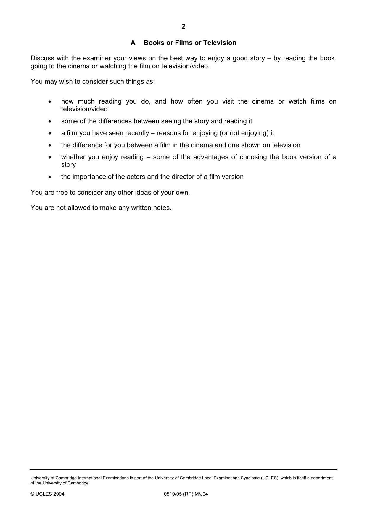 Cambridge IGCSE English - Second Language (oral endorsement) 0510 2004 May/June Paper 5 · Variant 1 question paper, page 2 of 10