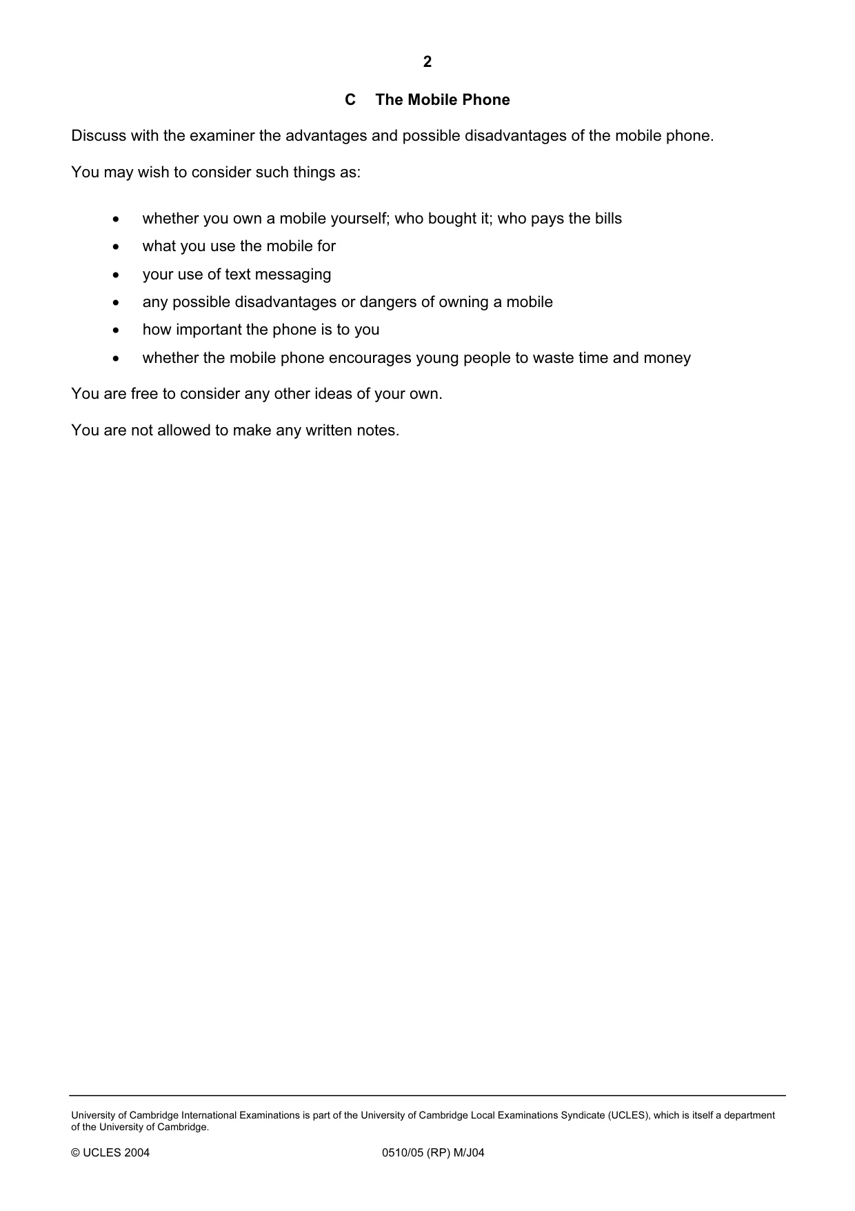 Cambridge IGCSE English - Second Language (oral endorsement) 0510 2004 May/June Paper 5 · Variant 1 question paper, page 6 of 10