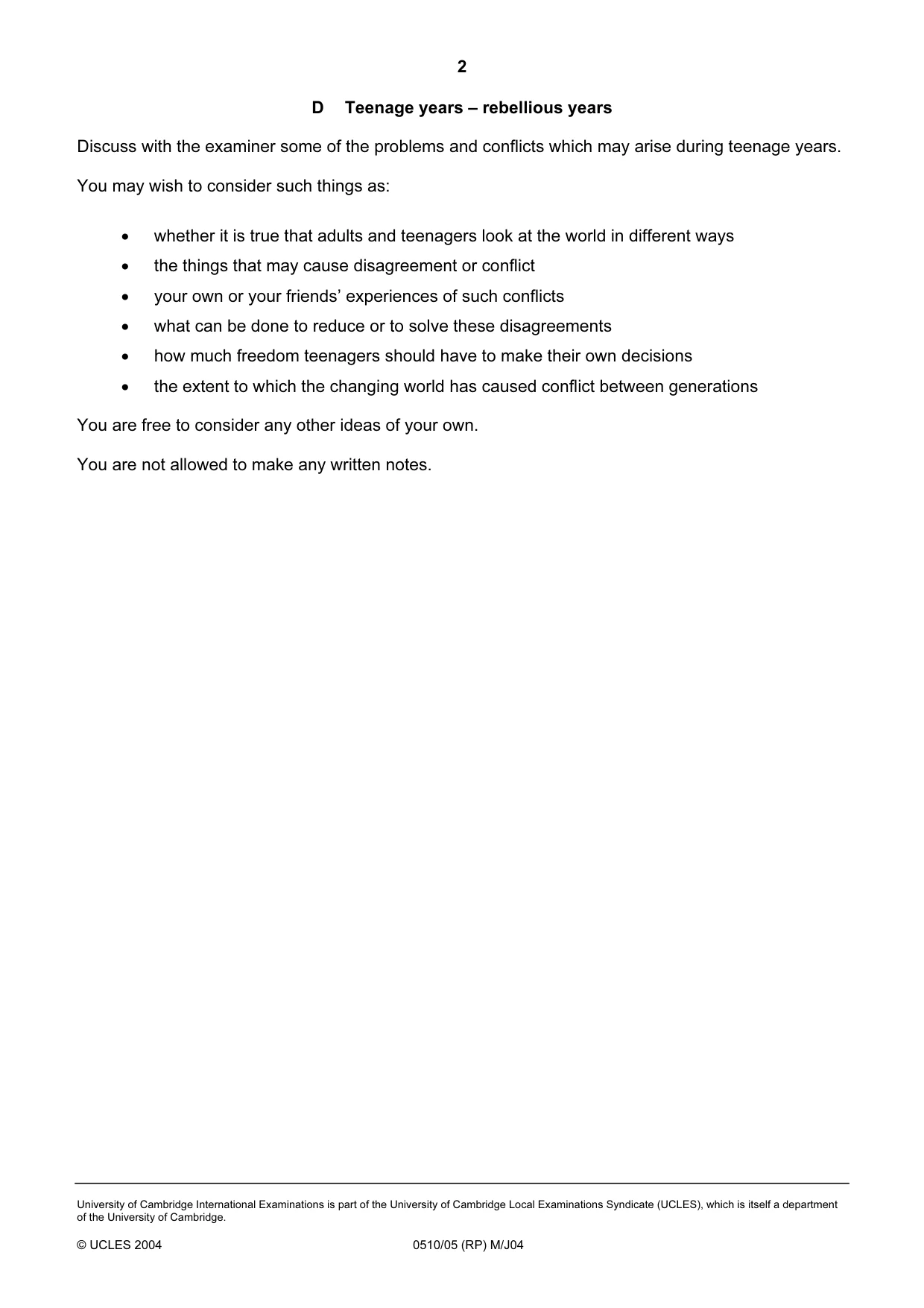 Cambridge IGCSE English - Second Language (oral endorsement) 0510 2004 May/June Paper 5 · Variant 1 question paper, page 8 of 10