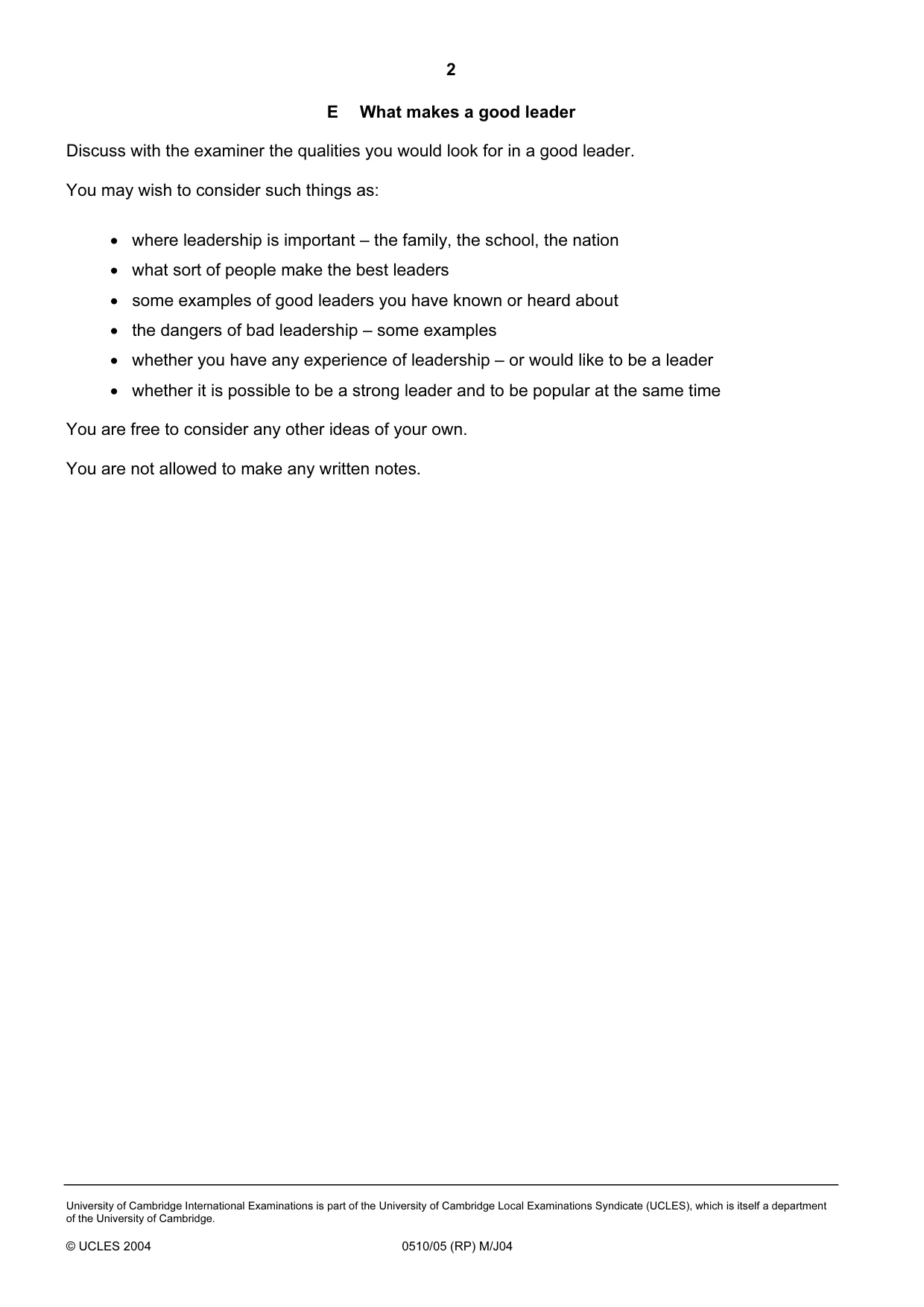 Cambridge IGCSE English - Second Language (oral endorsement) 0510 2004 May/June Paper 5 · Variant 1 question paper, page 10 of 10
