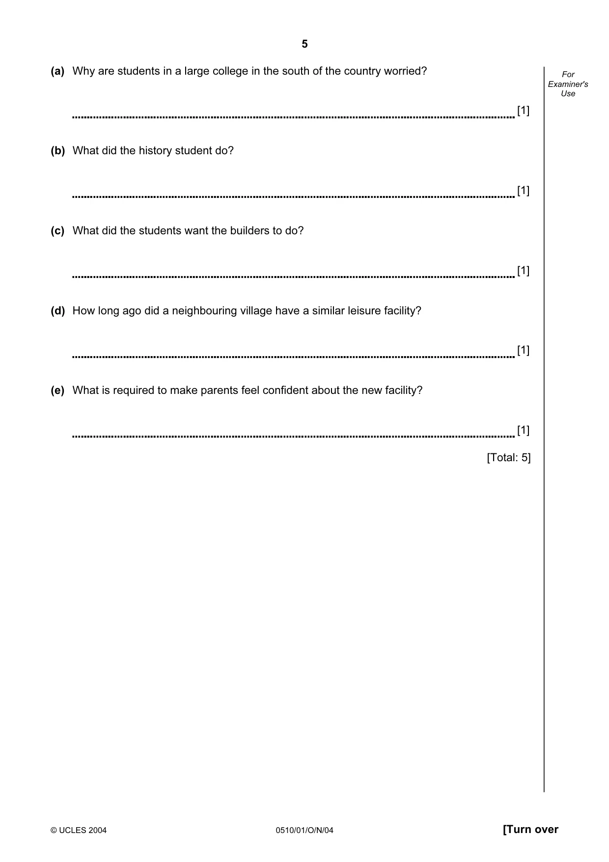 Cambridge IGCSE English - Second Language (oral endorsement) 0510 2004 Oct/Nov Paper 1 · Variant 1 question paper, page 5 of 20