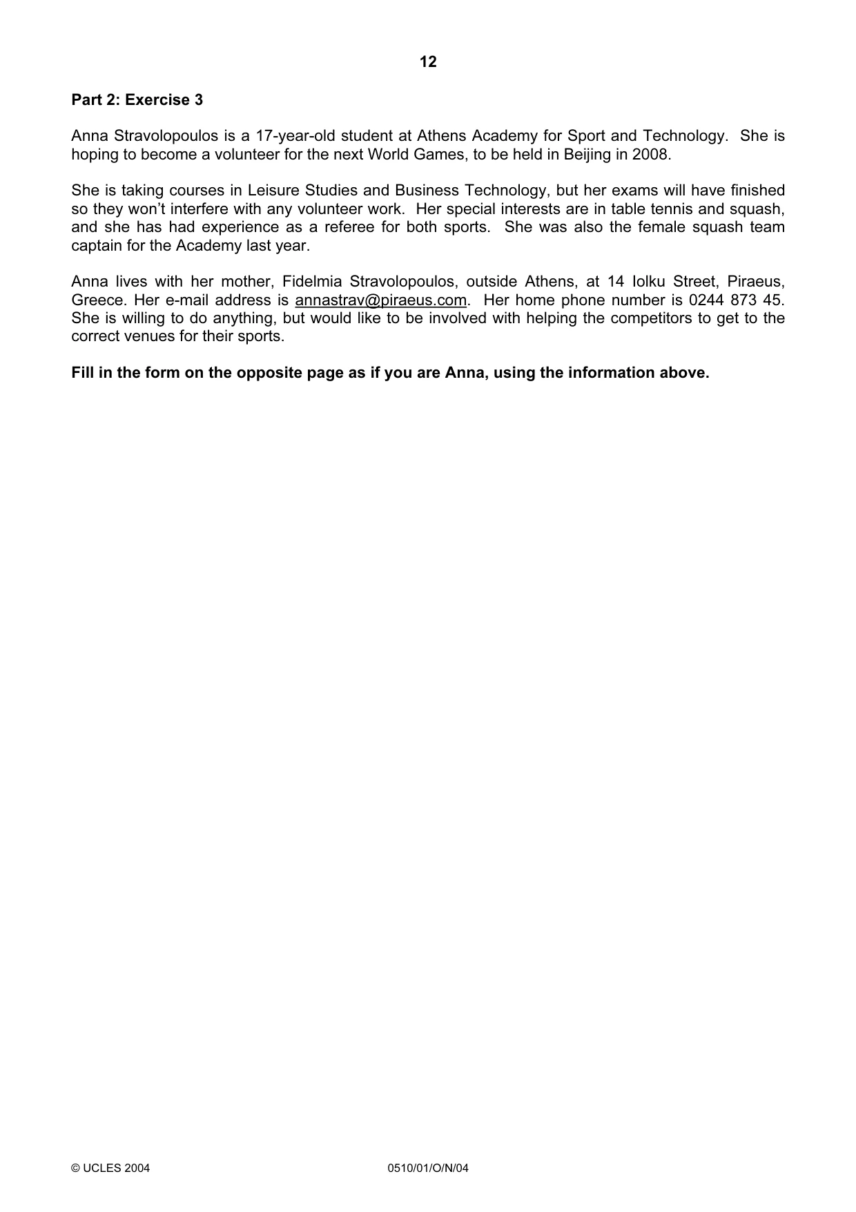 Cambridge IGCSE English - Second Language (oral endorsement) 0510 2004 Oct/Nov Paper 1 · Variant 1 question paper, page 12 of 20