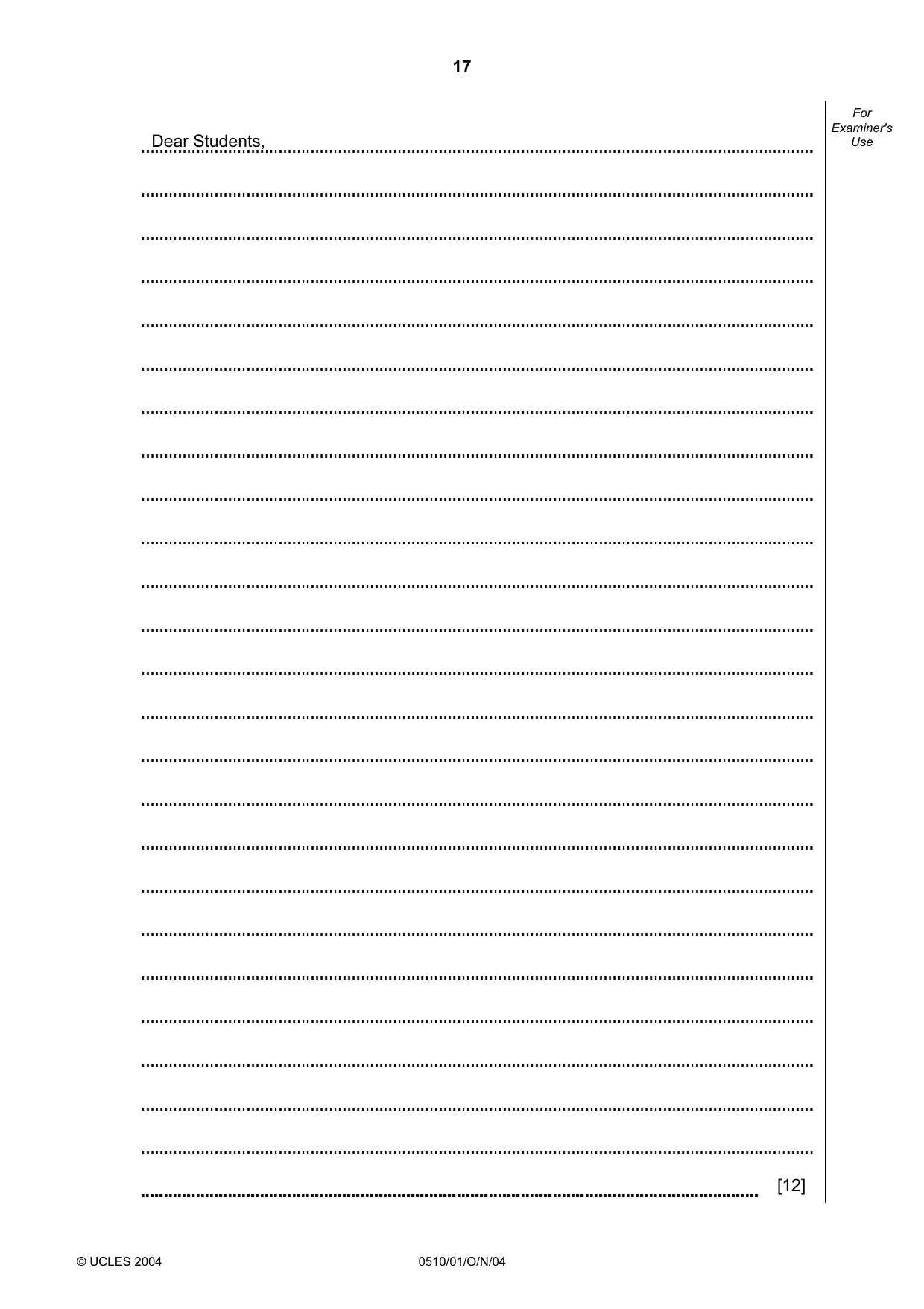 Cambridge IGCSE English - Second Language (oral endorsement) 0510 2004 Oct/Nov Paper 1 · Variant 1 question paper, page 17 of 20