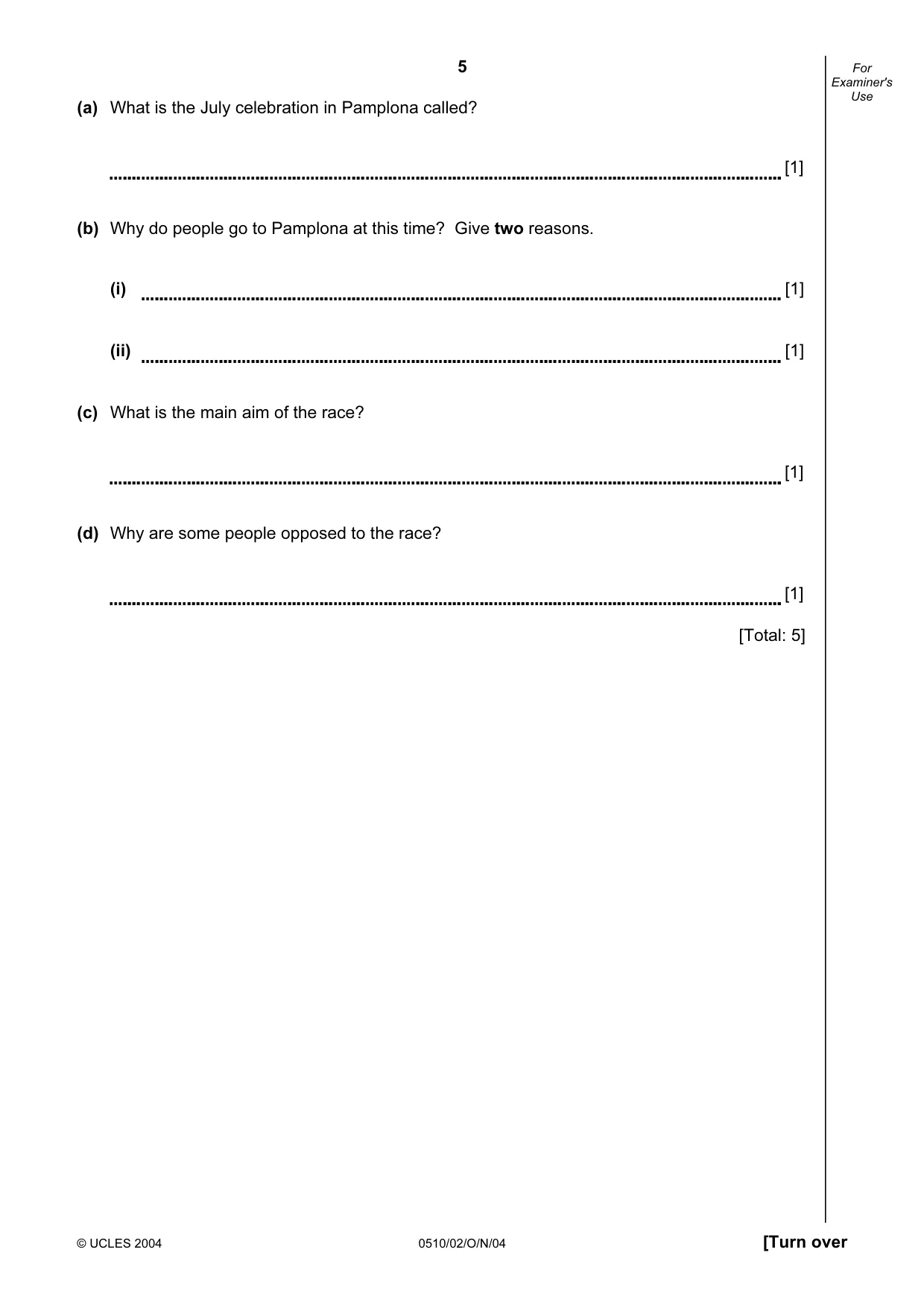 Cambridge IGCSE English - Second Language (oral endorsement) 0510 2004 Oct/Nov Paper 2 · Variant 1 question paper, page 5 of 20