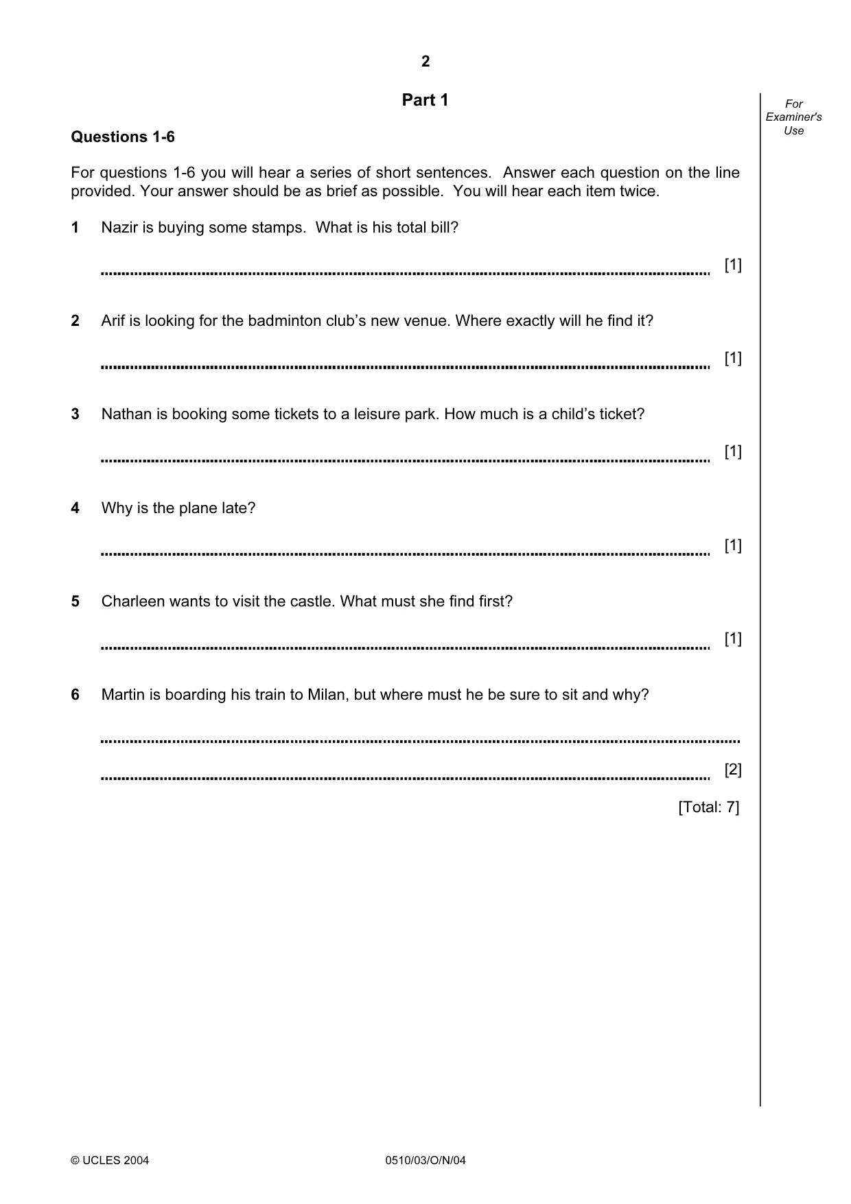 Cambridge IGCSE English - Second Language (oral endorsement) 0510 2004 Oct/Nov Paper 3 · Variant 1 question paper, page 2 of 8