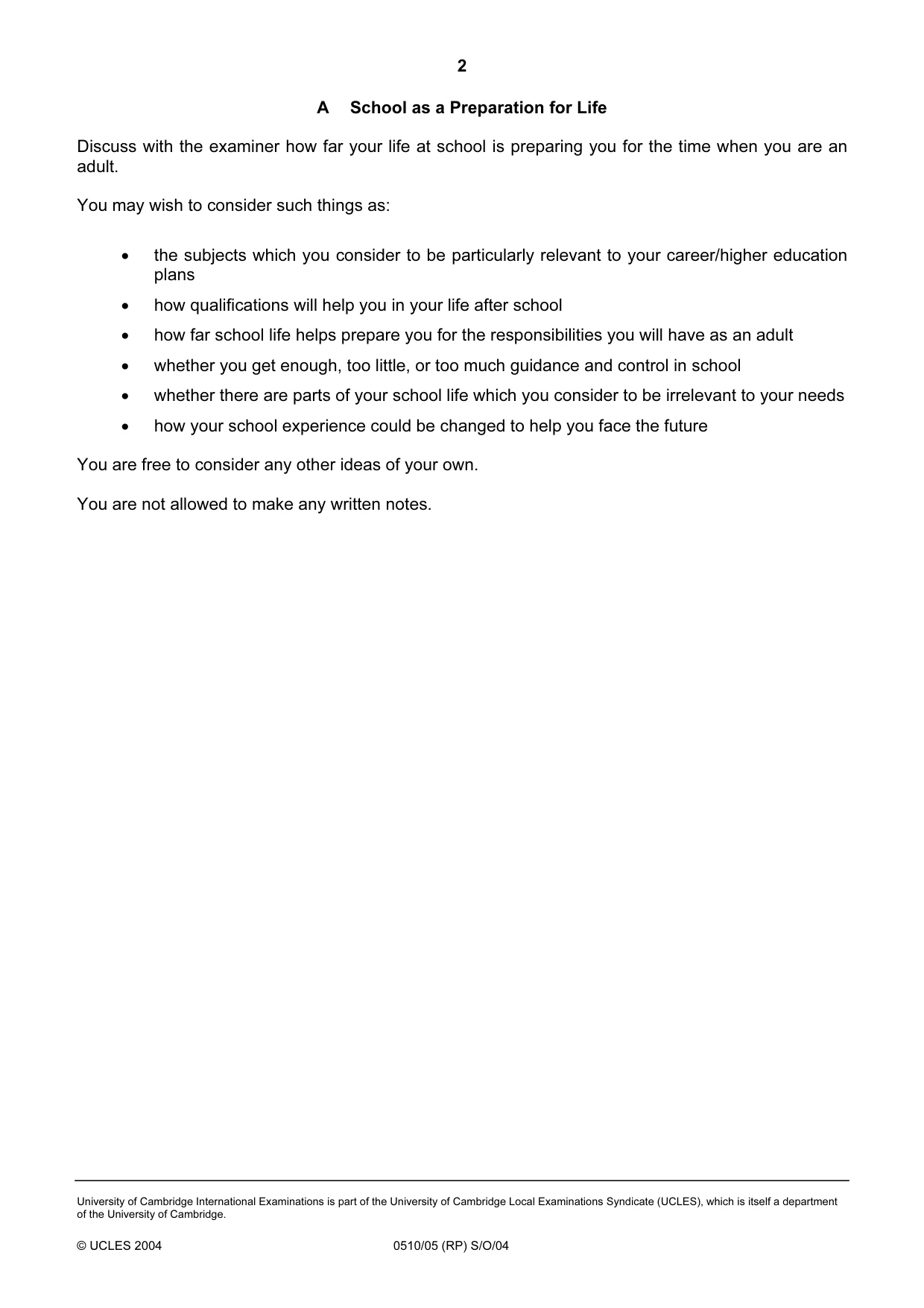 Cambridge IGCSE English - Second Language (oral endorsement) 0510 2004 Oct/Nov Paper 5 · Variant 1 question paper, page 2 of 10