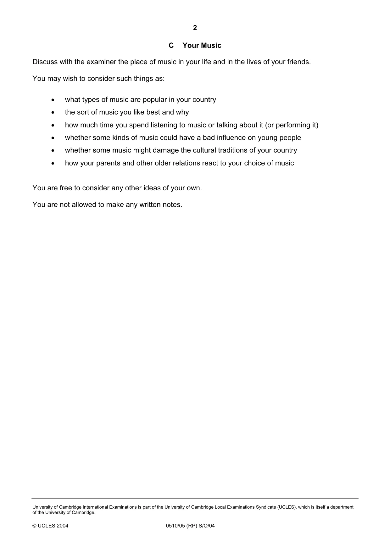 Cambridge IGCSE English - Second Language (oral endorsement) 0510 2004 Oct/Nov Paper 5 · Variant 1 question paper, page 6 of 10