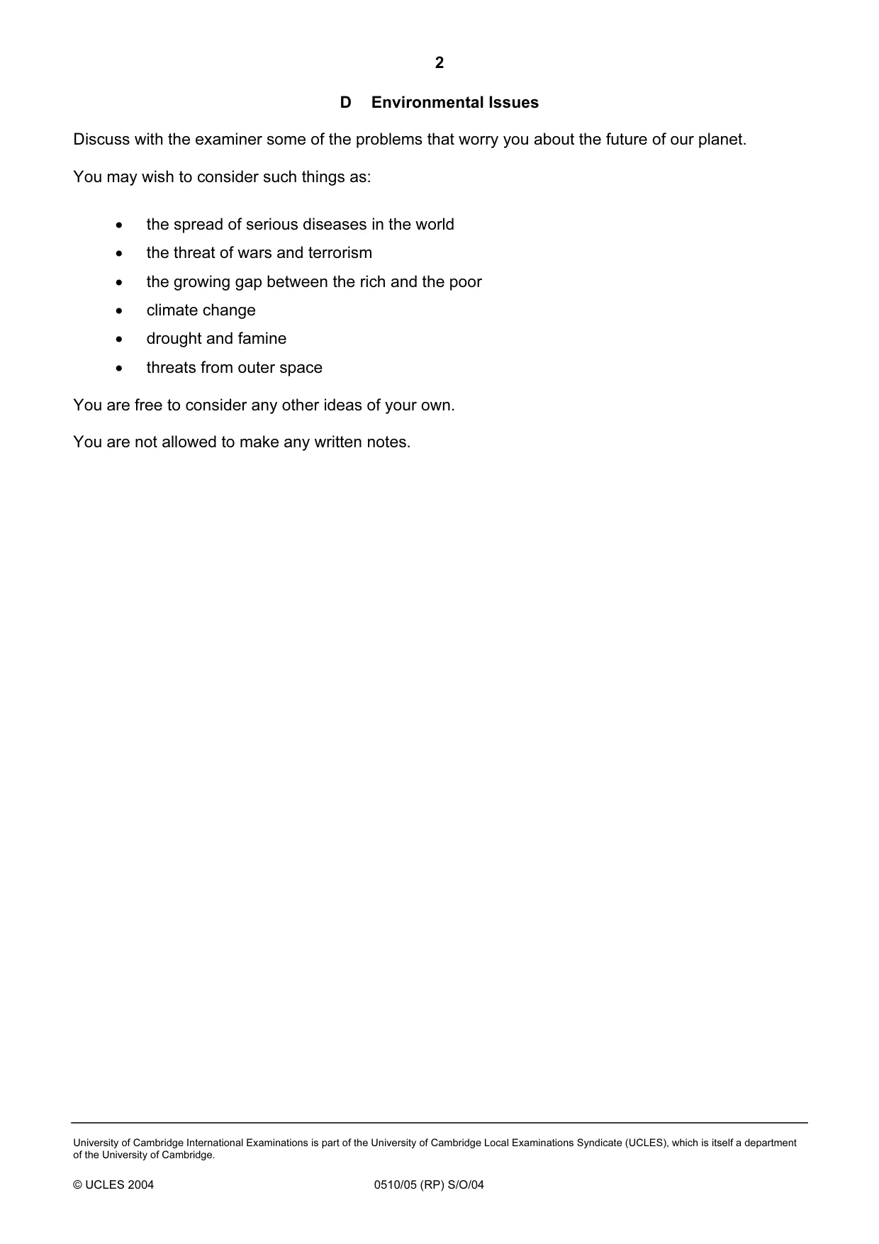 Cambridge IGCSE English - Second Language (oral endorsement) 0510 2004 Oct/Nov Paper 5 · Variant 1 question paper, page 8 of 10