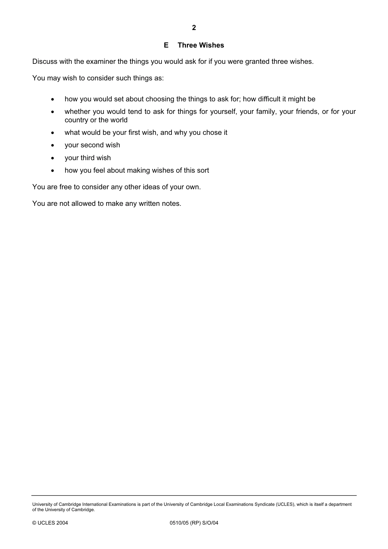 Cambridge IGCSE English - Second Language (oral endorsement) 0510 2004 Oct/Nov Paper 5 · Variant 1 question paper, page 10 of 10
