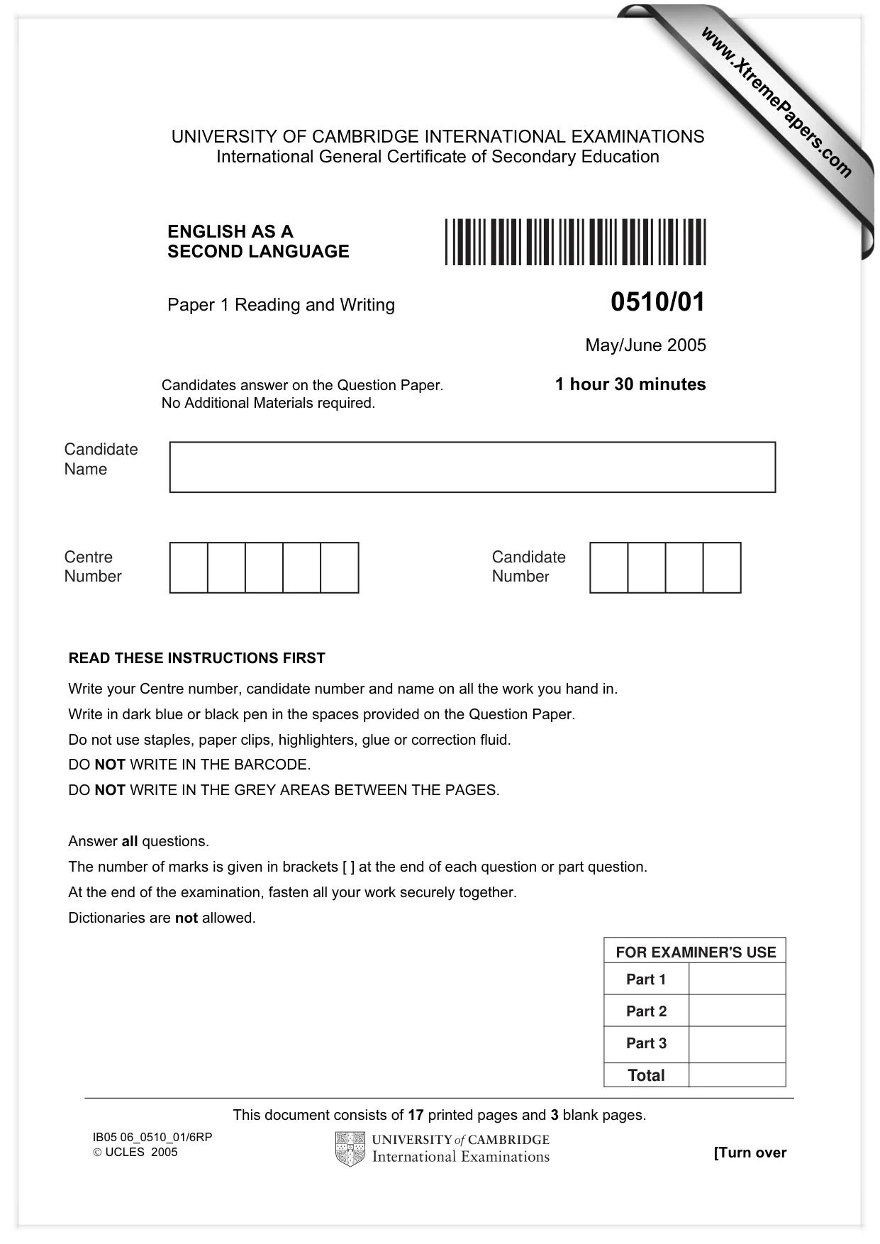 Cambridge IGCSE English - Second Language (oral endorsement) 0510 2005 May/June Paper 1 · Variant 1 question paper, page 1 of 20