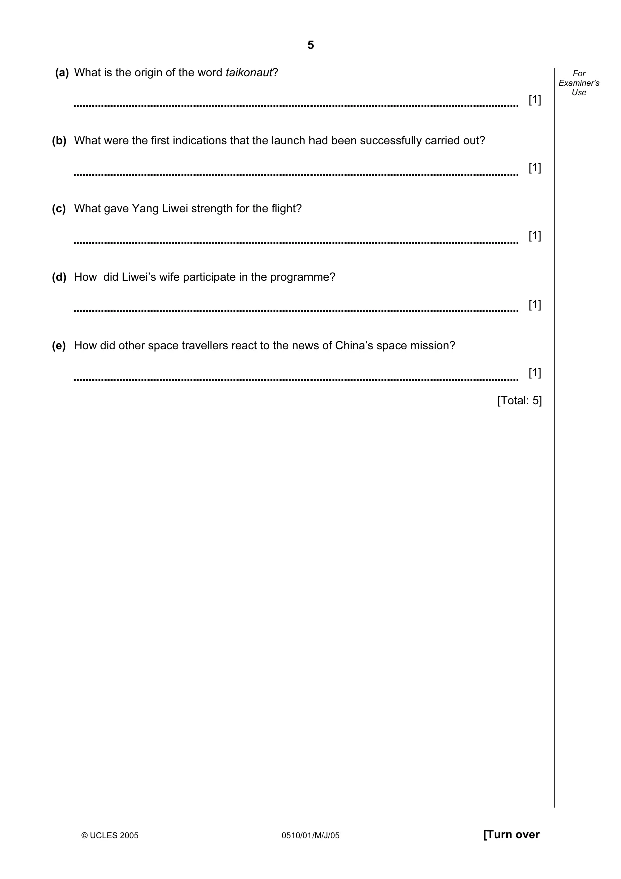 Cambridge IGCSE English - Second Language (oral endorsement) 0510 2005 May/June Paper 1 · Variant 1 question paper, page 5 of 20