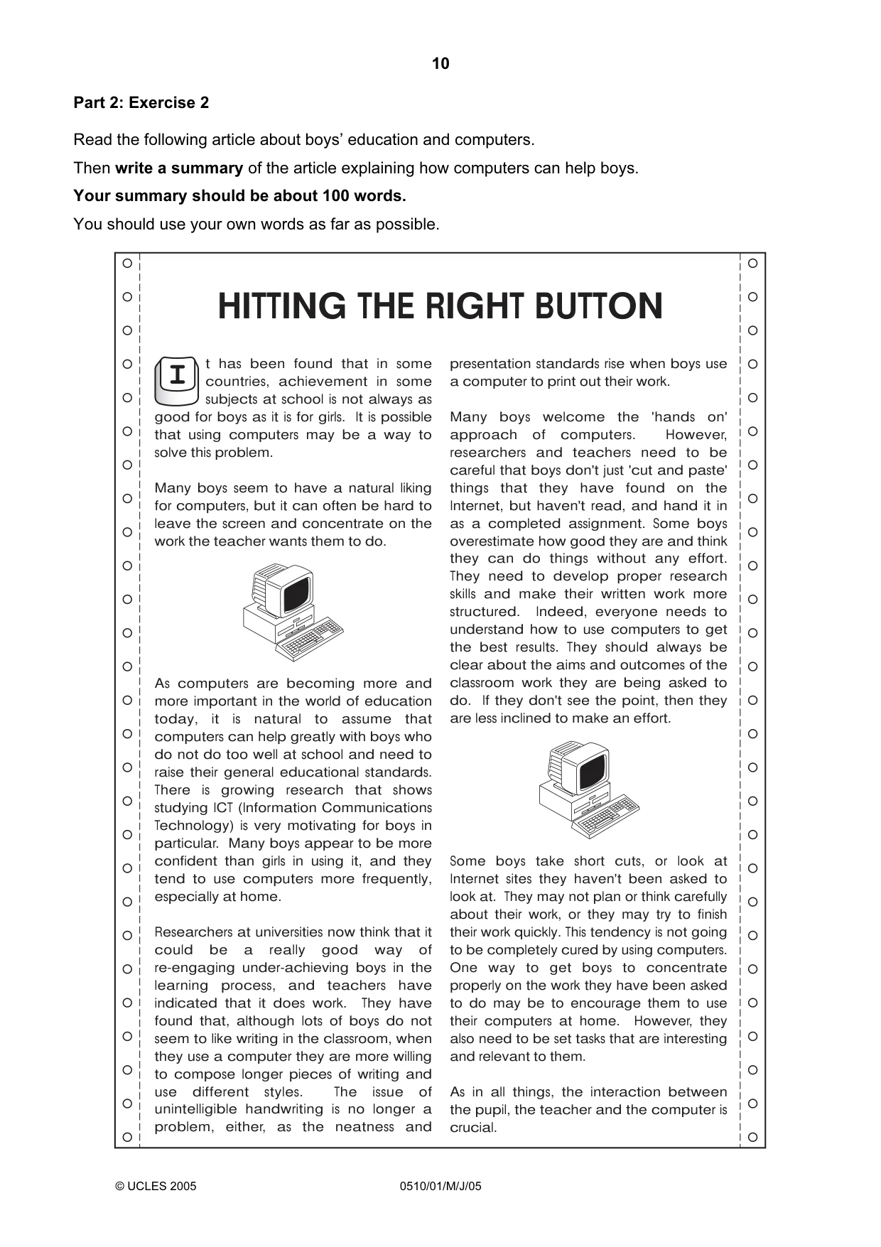 Cambridge IGCSE English - Second Language (oral endorsement) 0510 2005 May/June Paper 1 · Variant 1 question paper, page 10 of 20