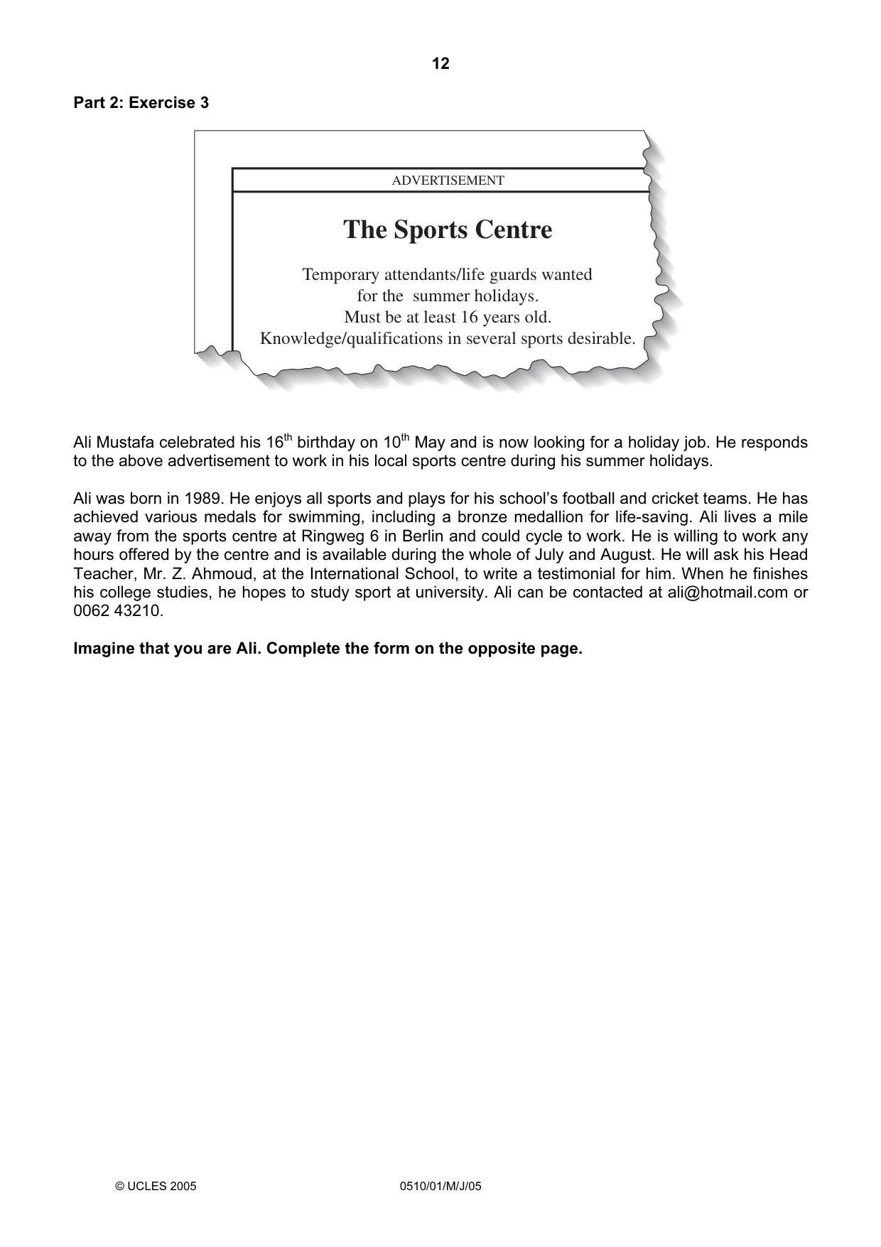 Cambridge IGCSE English - Second Language (oral endorsement) 0510 2005 May/June Paper 1 · Variant 1 question paper, page 12 of 20